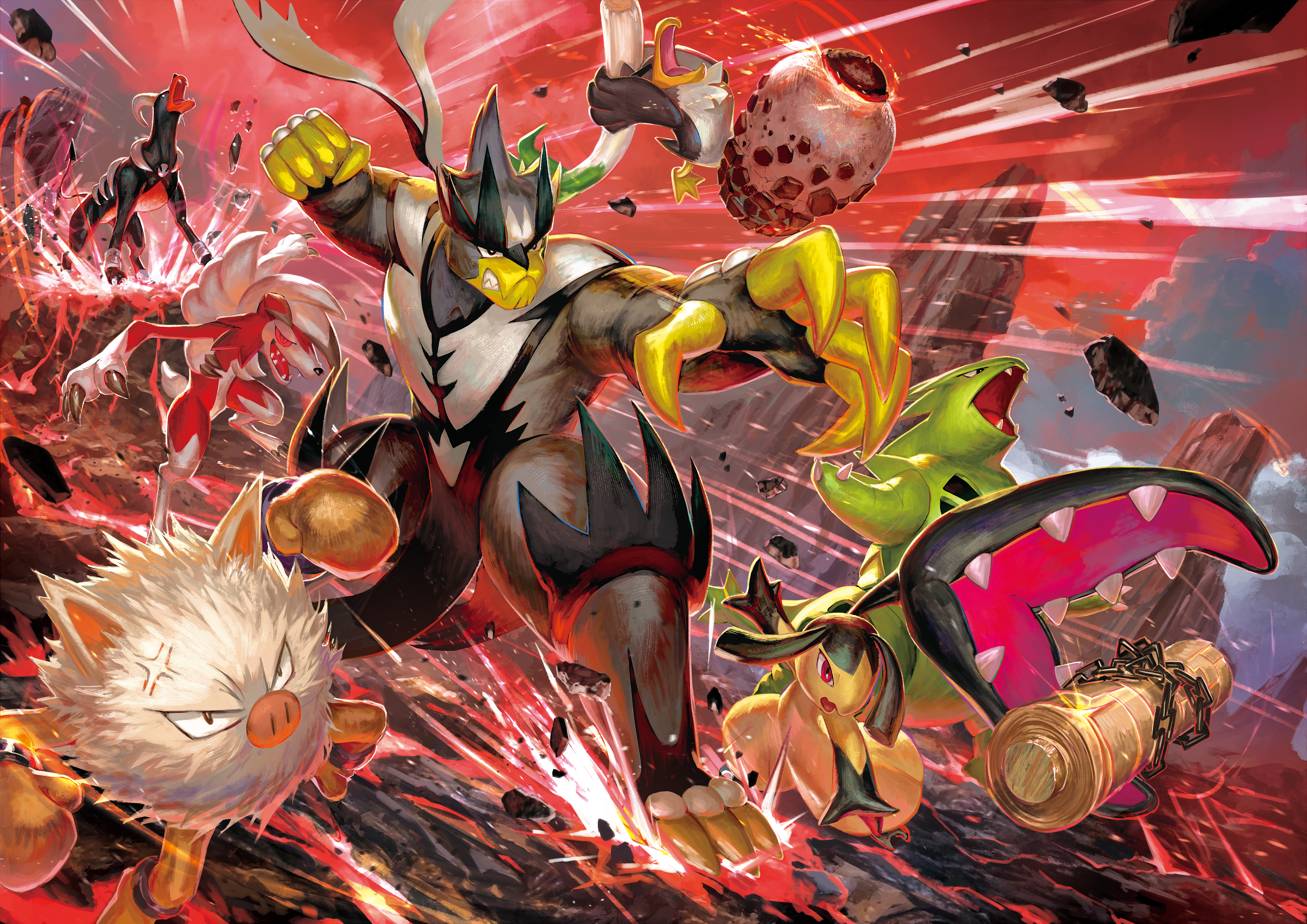houndoom, lycanroc, lycanroc (midnight), mawile, primeape, tyranitar, urshifu, urshifu (single), nintendo, pokemon, pokemon tcg, absurdres, artist request, highres, official art, third-party source, anger vein, chain, claws, clenched hand, colored sclera, debris, fighting stance, gen 1 pokemon, gen 2 pokemon, gen 3 pokemon, gen 7 pokemon, gen 8 pokemon, legendary pokemon, nostrils, pokemon (creature), pokemon focus, red eyes, red sclera, scroll, sharp teeth, teeth, v-shaped eyes