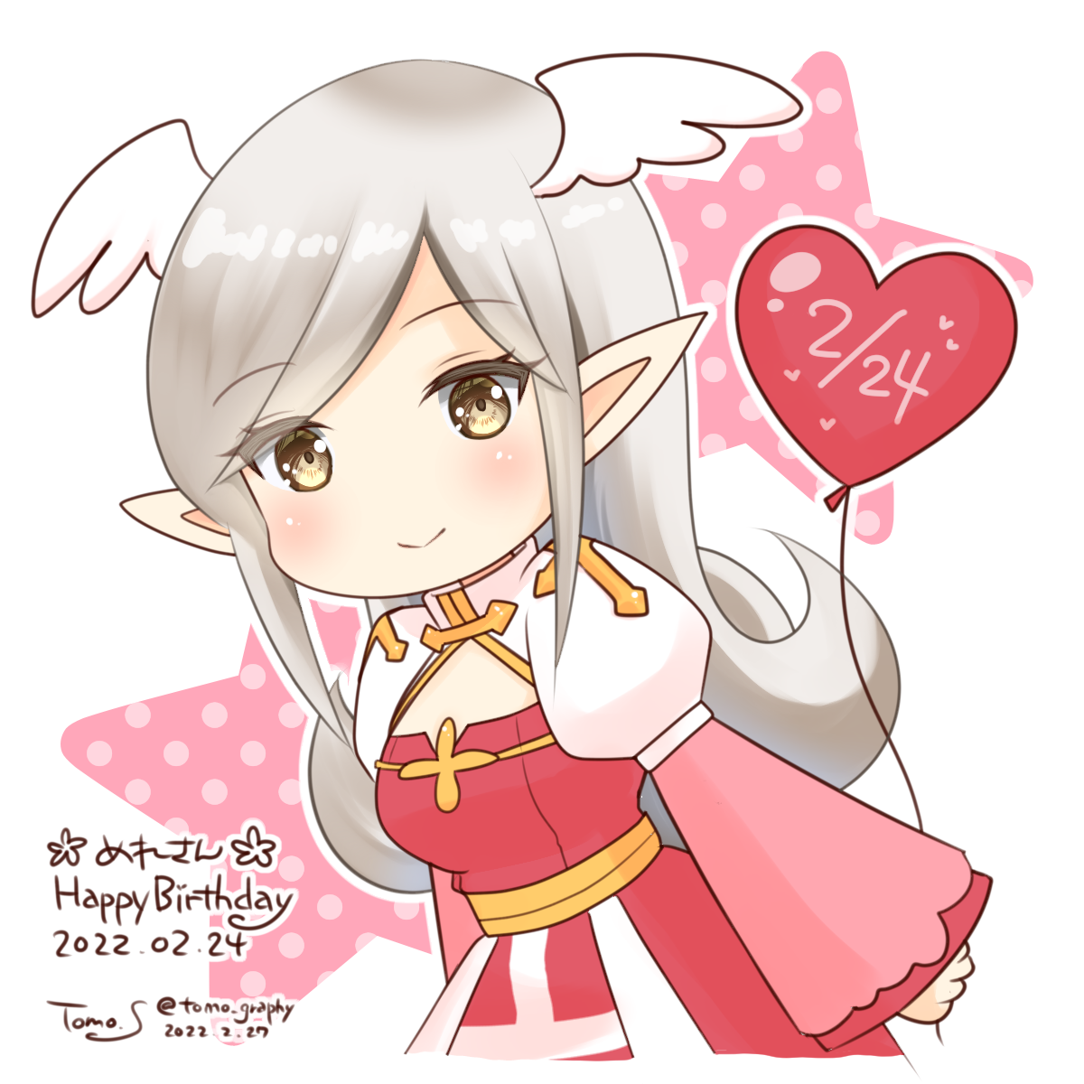 sakuraji tomoka, arch bishop (ragnarok online), ragnarok masters, ragnarok online, commentary request, highres, 1girl, balloon, blush, cleavage cutout, closed mouth, clothing cutout, cowboy shot, cross, dated, dress, feathered wings, grey hair, happy birthday, head wings, heart balloon, juliet sleeves, long hair, long sleeves, looking at viewer, pointy ears, puffy sleeves, red dress, sash, sign, smile, solo, star (symbol), two-tone dress, white background, white dress, white wings, wings, yellow eyes, yellow sash