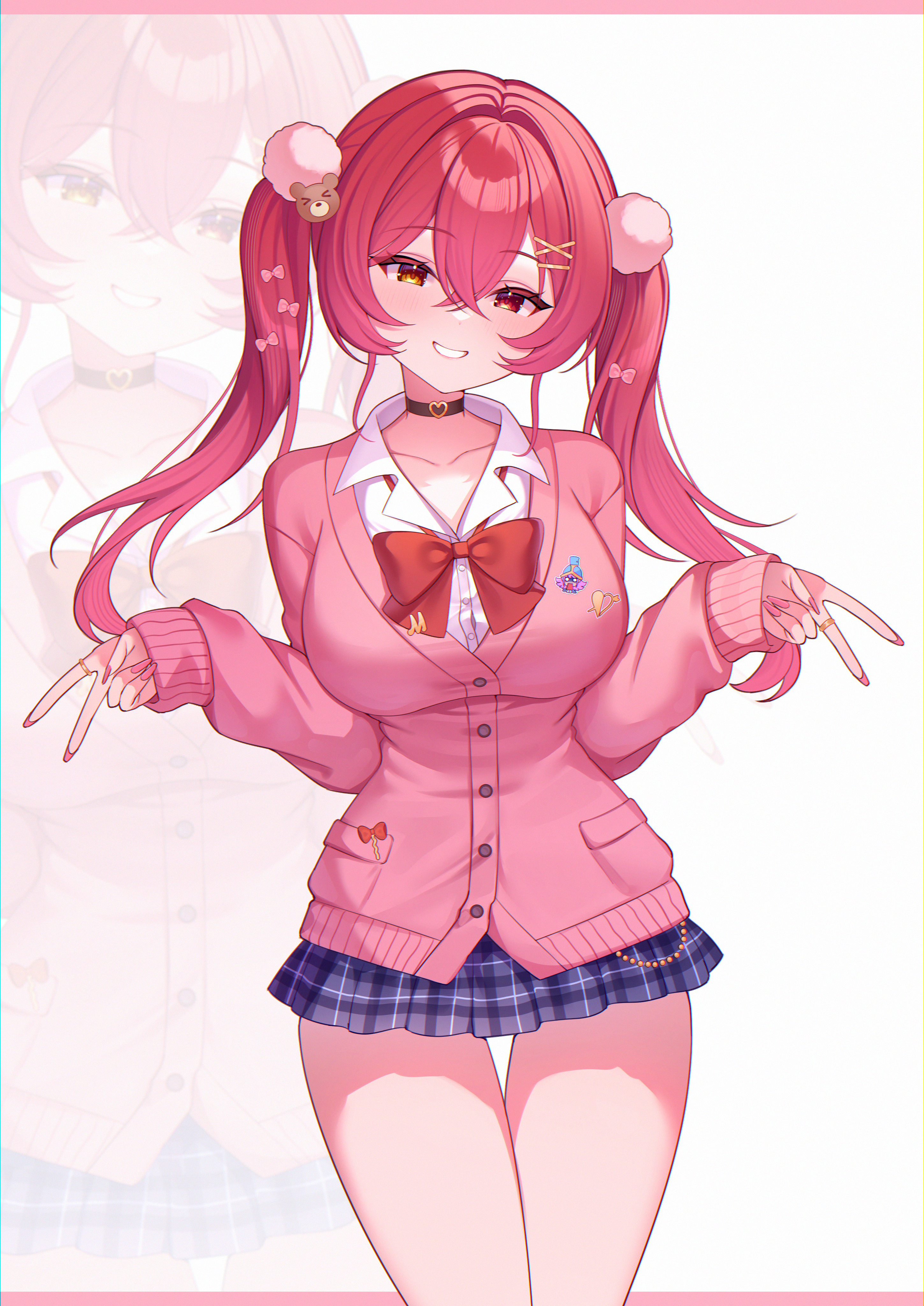 demcheg, houshou marine, hololive, absurdres, commentary, highres, symbol-only commentary, 1girl, alternate costume, black choker, blue skirt, blush, bow, bowtie, breasts, buttons, cardigan, choker, collarbone, collared shirt, cowboy shot, crossed bangs, double v, fingernails, hair between eyes, hair ornament, hands up, large breasts, legs together, letterboxed, long hair, long sleeves, miniskirt, nail polish, parted lips, pink cardigan, pink nails, plaid clothes, plaid skirt, pleated skirt, pom pom (clothes), pom pom hair ornament, red bow, red bowtie, red hair, shirt, skirt, sleeve cuffs, sleeves past wrists, smile, solo, teddy bear hair ornament, thighs, twintails, v, virtual youtuber, white shirt, x hair ornament, yellow eyes, zoom layer