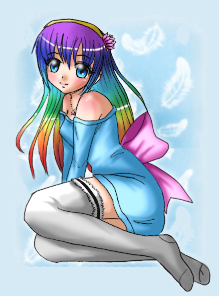 sapphireyuriko, kiwi koneko, original, 1girl, aged down, blue eyes, bottomless, feathers, female focus, flower, full body, gradient hair, jewelry, long hair, multicolored hair, necklace, off shoulder, rainbow, ribbon, socks, solo, thighhighs, white socks, white thighhighs
