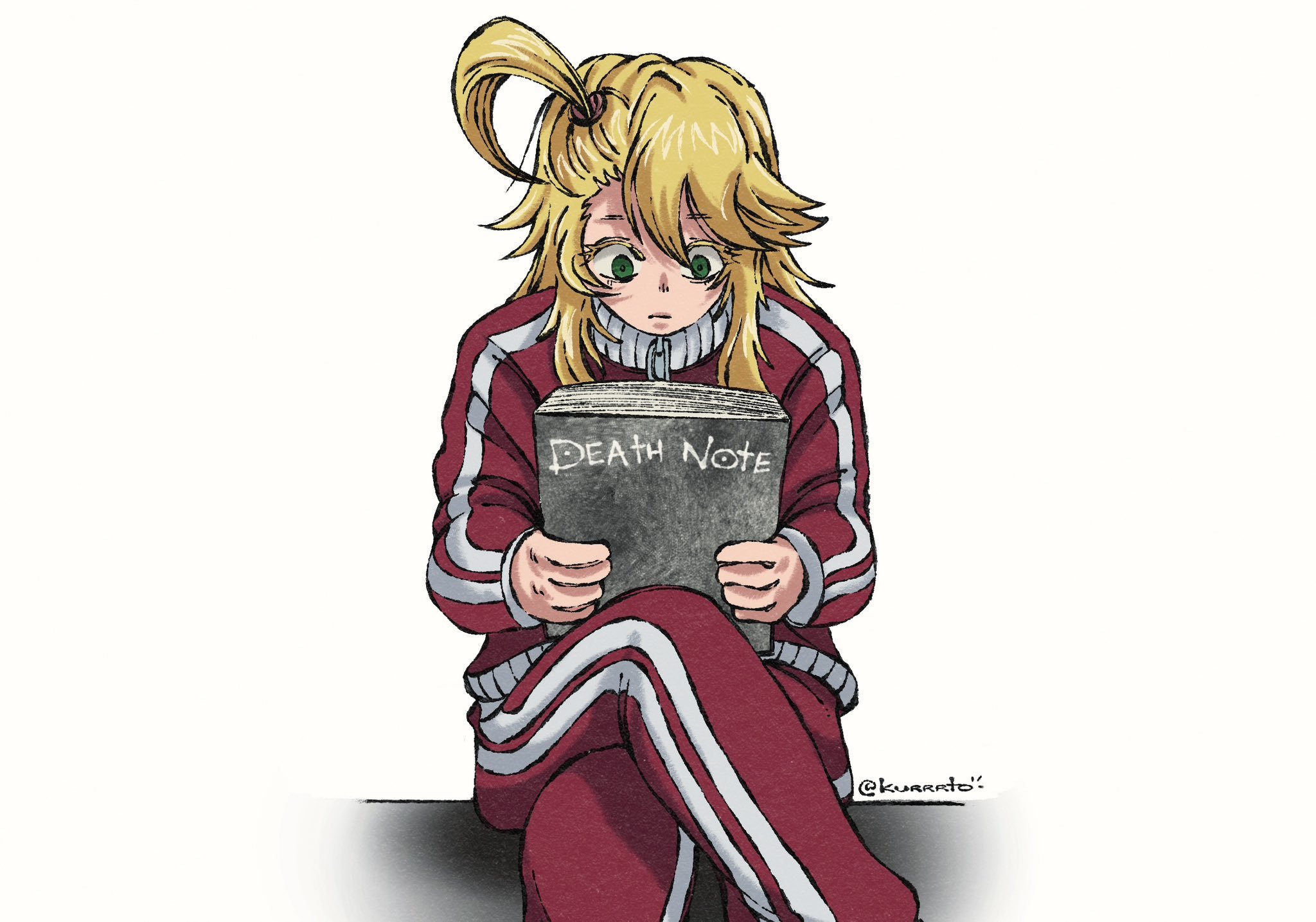 kurrrto, anno un (undead unluck), death note, undead unluck, highres, 1boy, blonde hair, book, death note (object), feet out of frame, green eyes, holding, holding book, jacket, kuno akira, long hair, male focus, red jacket, red track suit, simple background, sitting, solo, track suit, worried, zipper