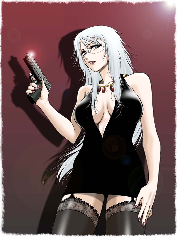 sabachiyo land, imawano setsuna, ga-rei, ga-rei zero, heckler & koch, lace-trimmed legwear, silver hair, 00s, 1girl, bare shoulders, black dress, breasts, center opening, cleavage, cleavage cutout, clothing cutout, dress, female focus, fingernails, garter straps, glasses, green eyes, gun, jewelry, lace, lace trim, large breasts, lips, lipstick, long hair, makeup, nail (hardware), nail polish, necklace, red nails, scar, solo, thighhighs, weapon, zettai ryouiki
