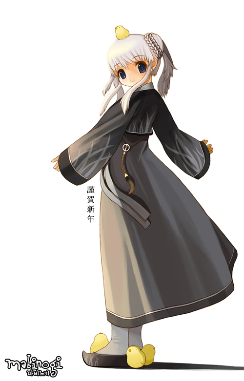 ran system, nao (mabinogi), mabinogi, nexon, archived source, commentary request, korean commentary, translation request, animal, animal on head, ankle socks, baby animal, beoseon, bird, black jeogori, black shoes, black sleeves, blue eyes, braid, bun with braided base, chick, chima (clothes), closed mouth, copyright name, dot nose, full body, gomusin, grass print, grey skirt, hair bun, hanbok, jeogori (clothes), korean clothes, legs together, logo, long sidelocks, long skirt, long sleeves, looking at viewer, medium hair, norigae, o-ring, on head, print jeogori, print shoes, print sleeves, shadow, shoes, sidelocks, single side bun, single sleeve past wrist, skirt, smile, socks, solo, standing, twintails, white background, white hair, white socks, wide sleeves, yellow fur