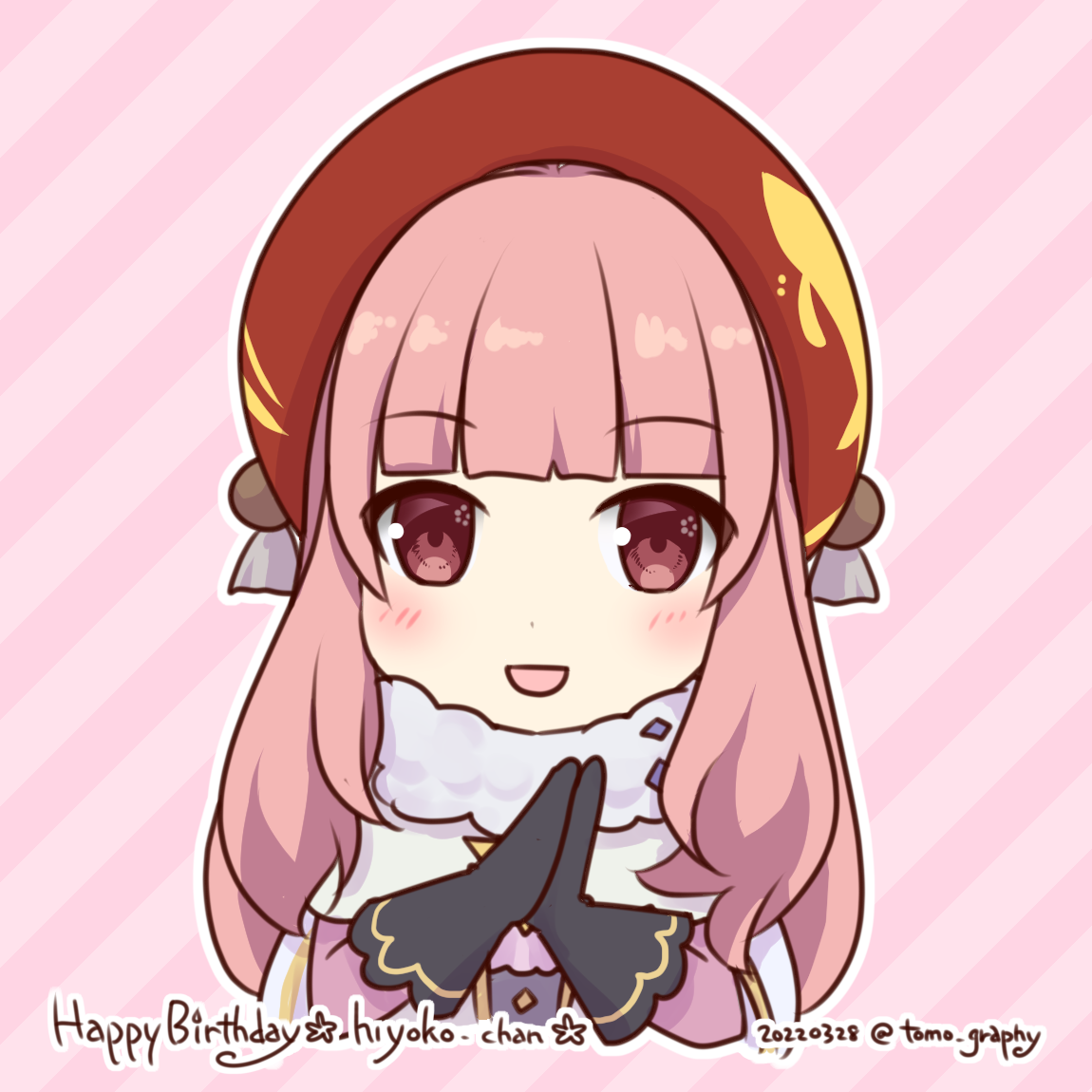 sakuraji tomoka, ragnarok masters, ragnarok online, commentary request, 1girl, black gloves, blush, dated, diagonal-striped background, gloves, happy birthday, hat, long hair, looking at viewer, open mouth, pink background, pink hair, red hat, smile, solo, striped background, upper body