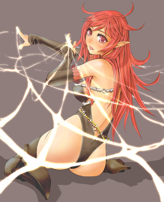 lilim, demon (red stone), necromancer (red stone), red stone, 1girl, ass, back, bare shoulders, belt, blush, bone, boots, breasts, covered erect nipples, detached sleeves, female focus, frills, from behind, glowing, high heels, highleg, highleg leotard, large breasts, leotard, lipstick, long hair, looking at viewer, looking back, magic, makeup, outstretched arm, pink eyes, pointy ears, red eyes, red hair, shadow, shoes, sideboob, sidelocks, silk, simple background, sitting, solo, spider web, thigh boots, thighhighs