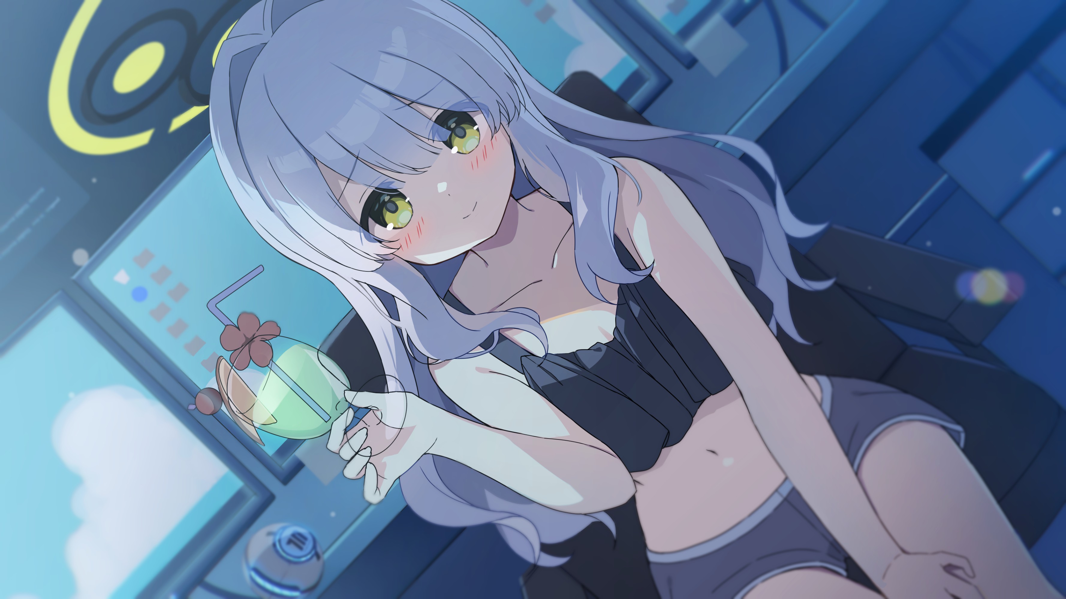 mochigome (ununquadium), hare (blue archive), blue archive, absurdres, commentary request, highres, 1girl, alternate costume, black camisole, camisole, chair, crop top, cup, dolphin shorts, glass, green eyes, grey hair, grey shorts, hair intakes, halo, holding, holding cup, long hair, looking at viewer, midriff, navel, on chair, short shorts, shorts, smile, solo