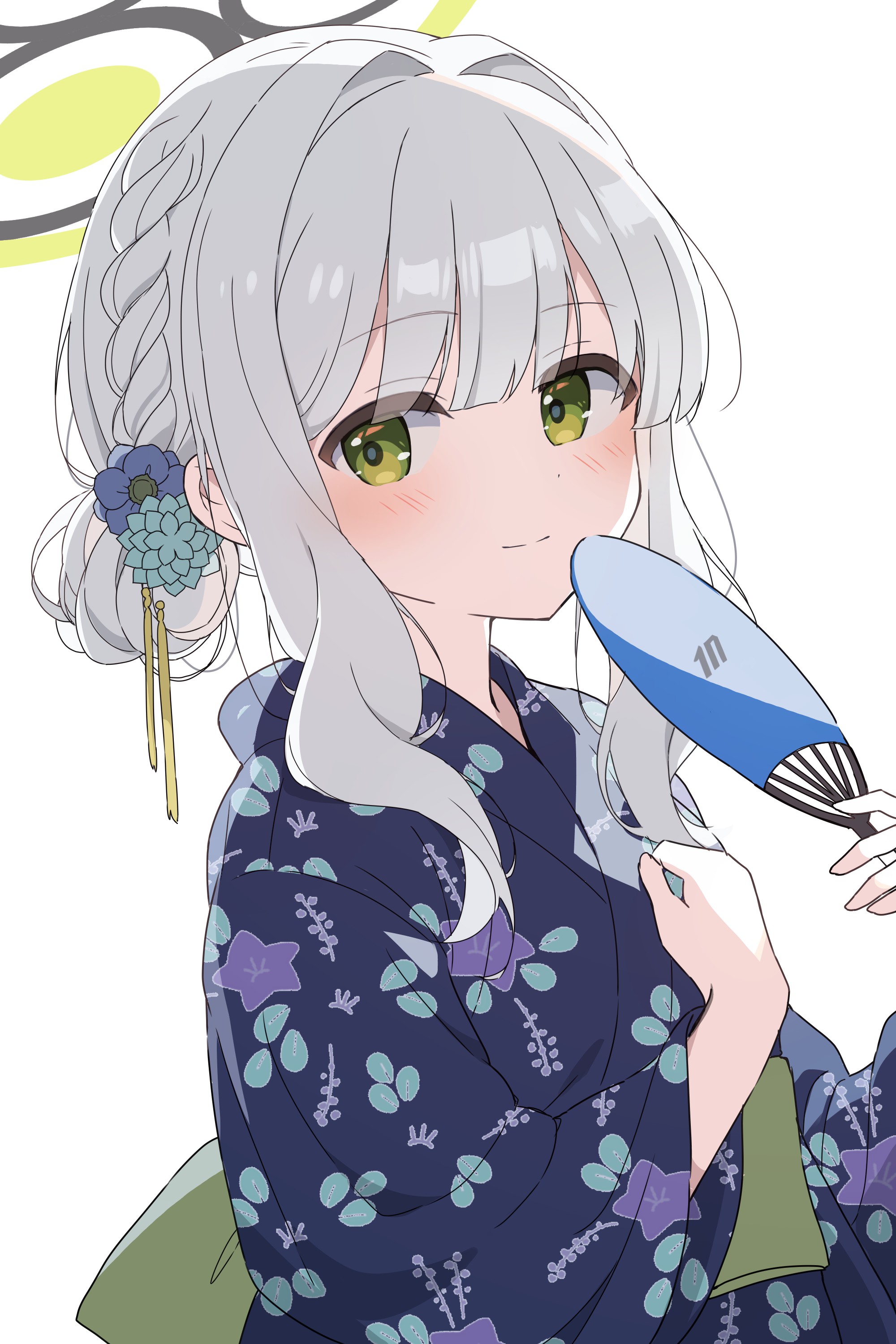 mochigome (ununquadium), hare (blue archive), blue archive, absurdres, commentary request, highres, 1girl, alternate costume, black halo, blue kimono, blush, floral print, floral print kimono, from side, green eyes, green halo, hair between eyes, hair bun, halo, hand fan, holding, holding fan, japanese clothes, kimono, long sleeves, looking at viewer, medium hair, obi, print kimono, sash, sidelocks, simple background, smile, solo, upper body, white background, white hair, wide sleeves