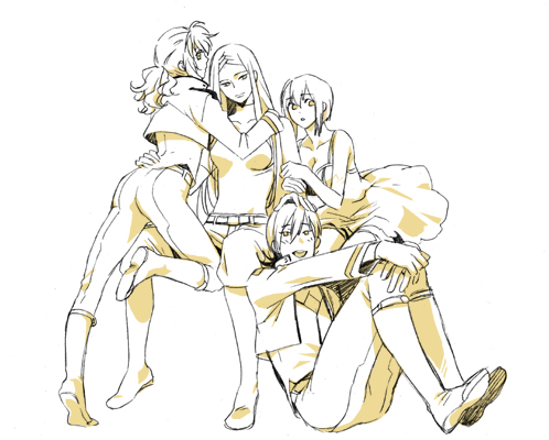 saida nika, allelujah haptism, feldt grace, louise halevy, soma peries, gundam, gundam 00, bad id, bad pixiv id, lowres, 00s, 1boy, 3girls, monochrome, multiple girls, sitting, yellow theme