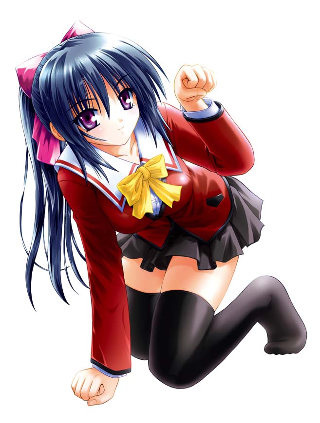 matra milan, noihara himari, omamori himari, 1girl, black thighhighs, blue hair, kneeling, long hair, paw pose, purple eyes, ribbon, school uniform, simple background, skirt, thighhighs