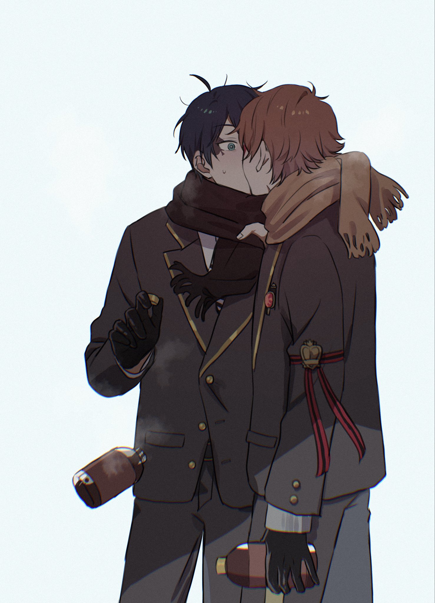 ace trappola, deuce spade, twisted wonderland, commentary request, highres, 2boys, aqua eyes, armband, black gloves, black hair, black jacket, black pants, black scarf, brown hair, brown scarf, buttoned cuffs, buttons, clothes grab, facial mark, gloves, gold trim, holding, jacket, kiss, lapels, long sleeves, looking at another, male focus, multiple boys, neckwear grab, night raven college school uniform, notched lapels, pants, parted bangs, scarf, scarf grab, school uniform, shirt, short hair, simple background, spade (shape), standing, suit jacket, uniz mz, white background, white shirt, wide-eyed, yaoi