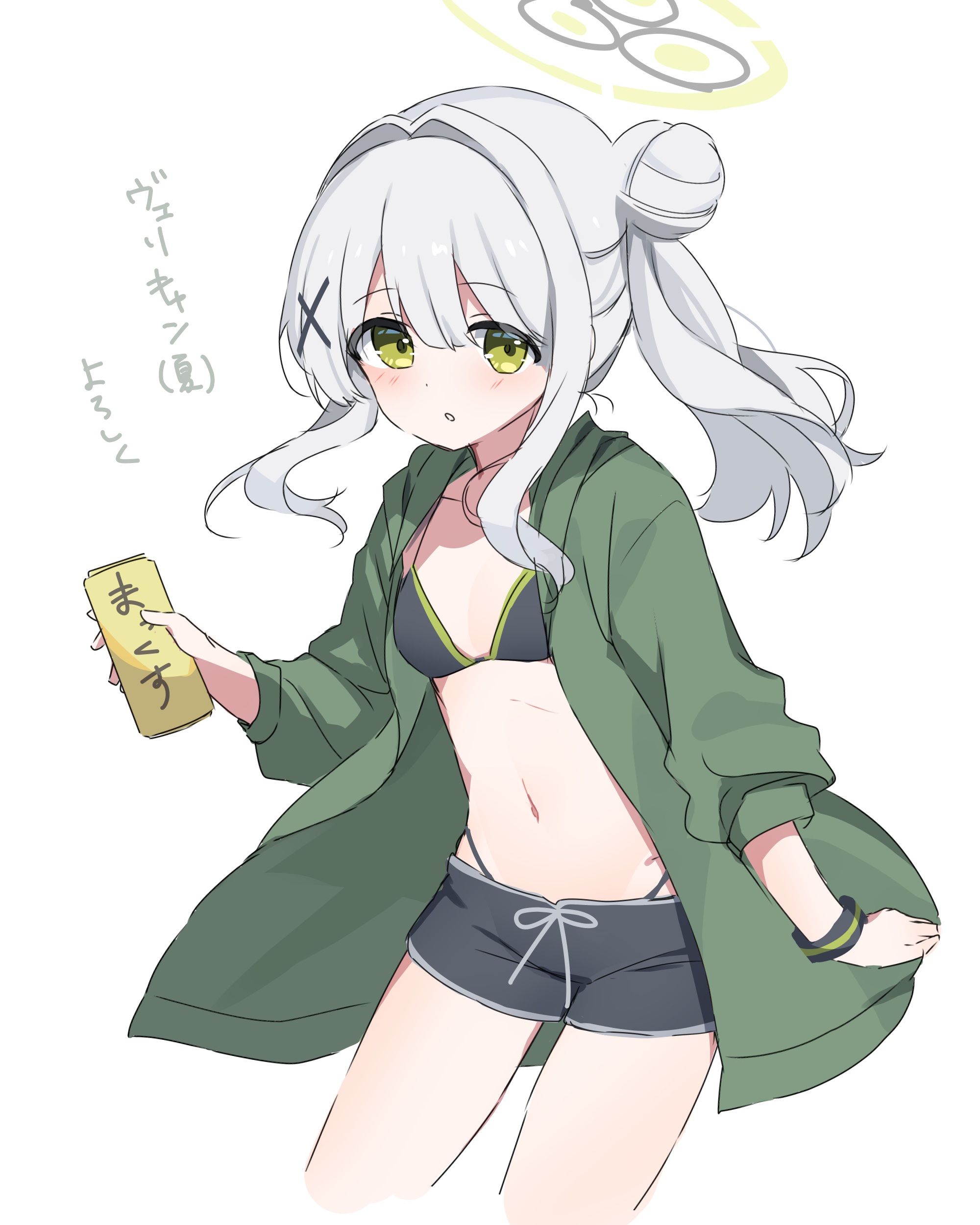 mochigome (ununquadium), hare (blue archive), blue archive, absurdres, commentary request, highres, translation request, 1girl, alternate costume, alternate hairstyle, bikini, bikini bottom under shorts, bikini under clothes, black bikini, black halo, black shorts, breasts, can, collarbone, cowboy shot, cropped legs, double-parted bangs, green halo, green jacket, grey hair, hair between eyes, hair bun, hair intakes, halo, holding, holding can, jacket, navel, open clothes, open jacket, short shorts, shorts, sidelocks, simple background, small breasts, solo, stomach, string bikini, swimsuit, twintails, white background