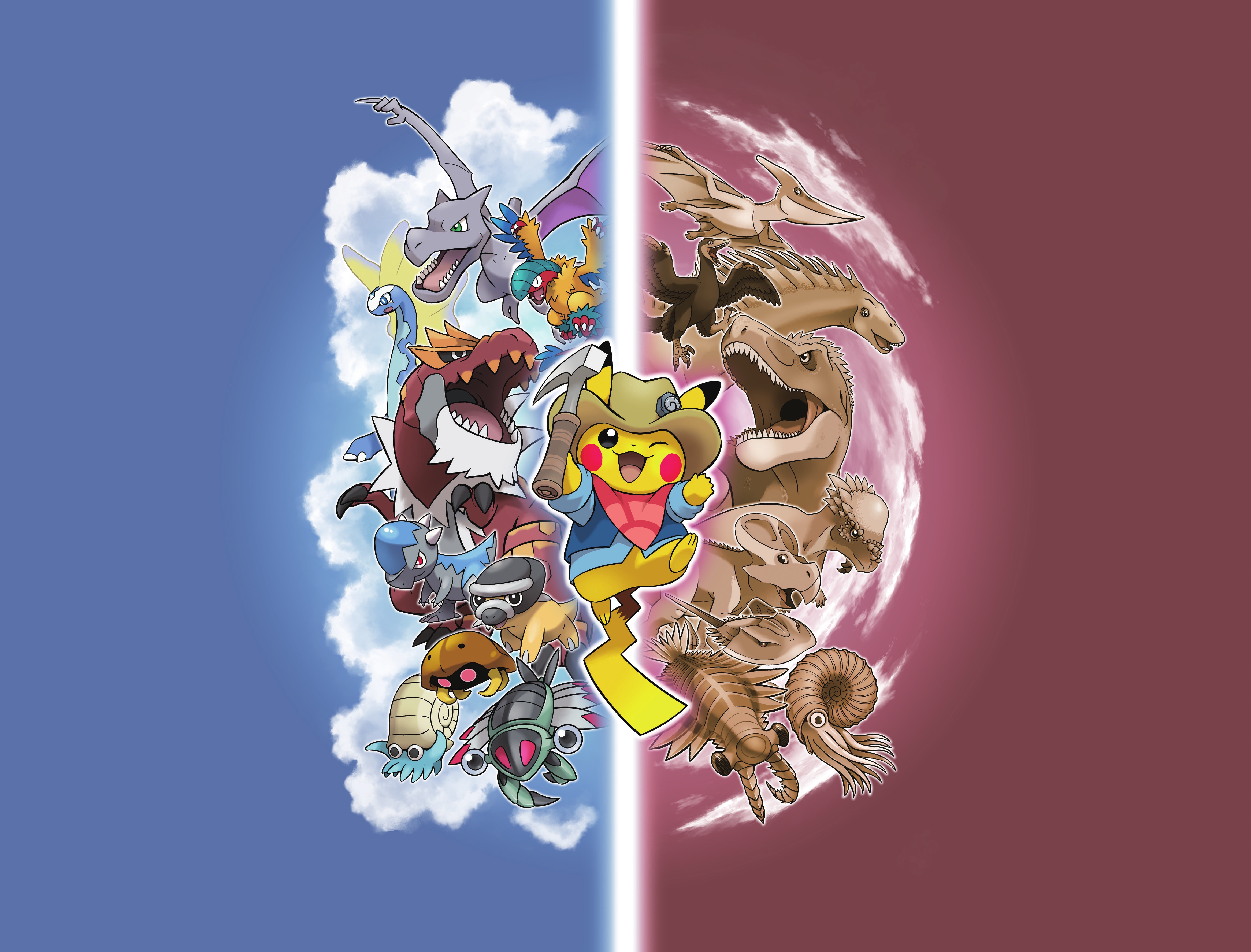 aerodactyl, anorith, archeops, aurorus, cranidos, kabuto (pokemon), omanyte, pikachu, shieldon, tyrantrum, nintendo, pokemon, absurdres, artist request, highres, official art, third-party source, ;3, ;d, amargasaurus, ammonite, animal, anomalocaris, archaeopteryx, brown hat, clothed pokemon, cloud, dinosaur, gen 1 pokemon, gen 3 pokemon, gen 4 pokemon, gen 5 pokemon, gen 6 pokemon, hat, holding, horseshoe crab, no humans, one eye closed, open mouth, pachycephalosaurus, pokemon (creature), prehistoric animal, protoceratops, pterosaur, sharp teeth, smile, teeth, tyrannosaurus rex