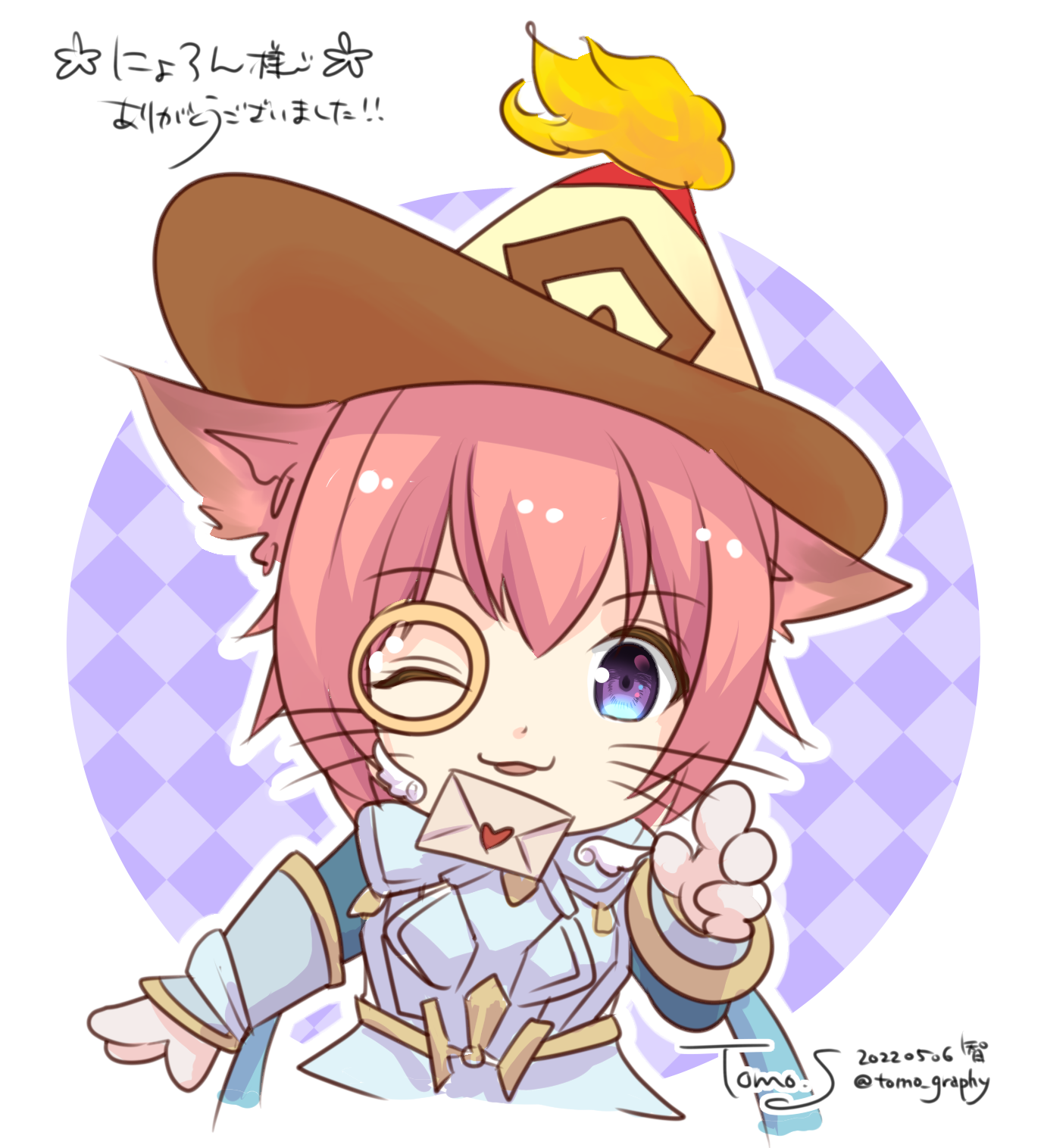 sakuraji tomoka, ragnarok masters, ragnarok online, commentary request, highres, 1girl, animal ears, blue eyes, cat ears, cat girl, dated, envelope, heart, letter, looking at viewer, love letter, monocle, one eye closed, open mouth, pink hair, short hair, solo, spirit whisperer (ragnarok masters), upper body, whiskers, white background, yellow-framed eyewear