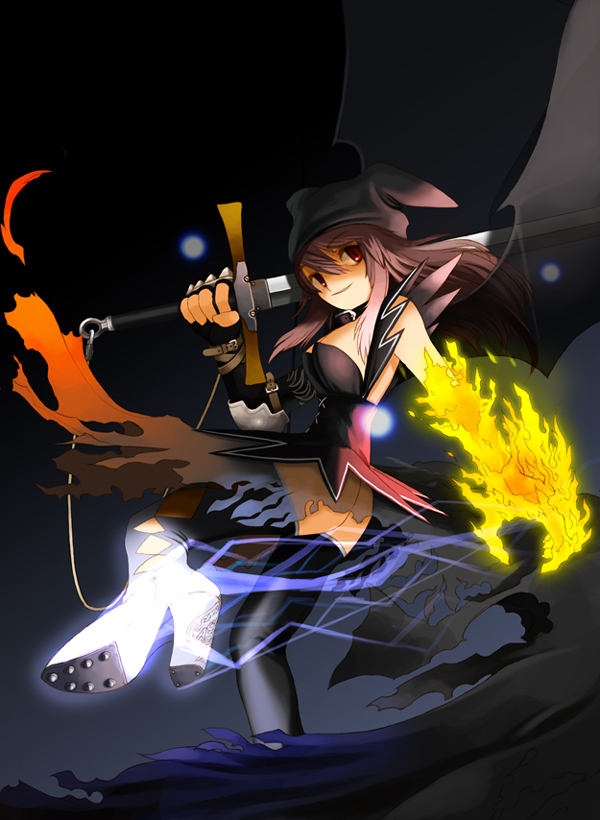 ran system, succubus (mabinogi), mabinogi, nexon, archived source, commentary request, korean commentary, official art, textless version, 1girl, arm belt, ass, bat wings, belt, belt buckle, black boots, black collar, black gloves, black hat, black thighhighs, black wings, boots, breasts, brown belt, buckle, cleavage, closed mouth, collar, demon girl, elbow gloves, elbow pads, fingerless gloves, fire, flat ass, gloves, gradient background, hat, high heel boots, high heels, holding, holding sword, holding weapon, jester cap, kicking, long hair, medium breasts, over shoulder, pink hair, red eyes, see-through clothes, single elbow glove, single fingerless glove, smile, solo, sword, thigh boots, thighhighs, weapon, weapon over shoulder, wings, wrist belt