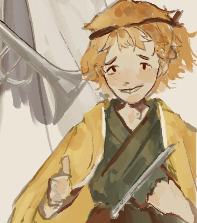 hatsburg, fujiwara no iyozane, zuifeng tenkai, len'en, 1other, alternate color, androgynous, black headband, black ribbon, green kimono, grey background, grin, hachimaki, hair ribbon, haori, happy, headband, holding, jacket, jacket on shoulders, japanese clothes, kimono, light blush, one side up, orange hair, other focus, raised inner eyebrows, red eyes, ribbon, short hair, smile, solo, straight-on, thick eyebrows, thumbs up, upper body, yellow jacket