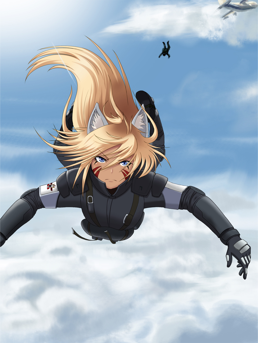 foxhound220, i go, original, 1girl, aircraft, airplane, animal ears, blonde hair, blue eyes, boots, cloud, day, falling, fox ears, gloves, long hair, military, military uniform, parachute, sky, skydive