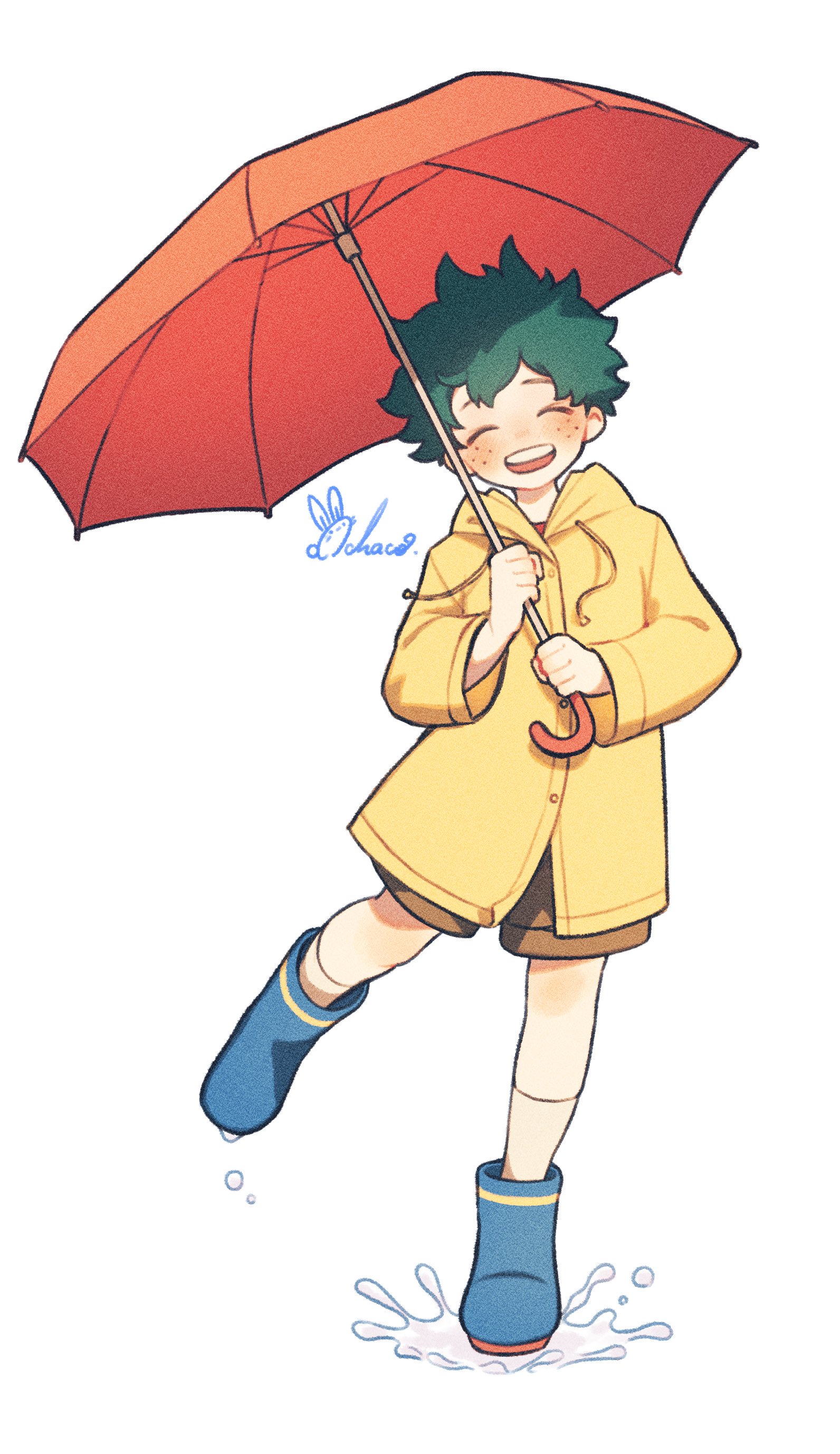 chacha (ochaco gnsn), midoriya izuku, boku no hero academia, absurdres, commentary request, highres, 1boy, arms up, blue boots, boots, brown shorts, coat, double-parted bangs, green hair, hair between eyes, holding, holding umbrella, hood, hooded coat, long sleeves, male focus, puddle, red umbrella, rubber boots, short hair, shorts, signature, splashing, umbrella, white background, yellow coat