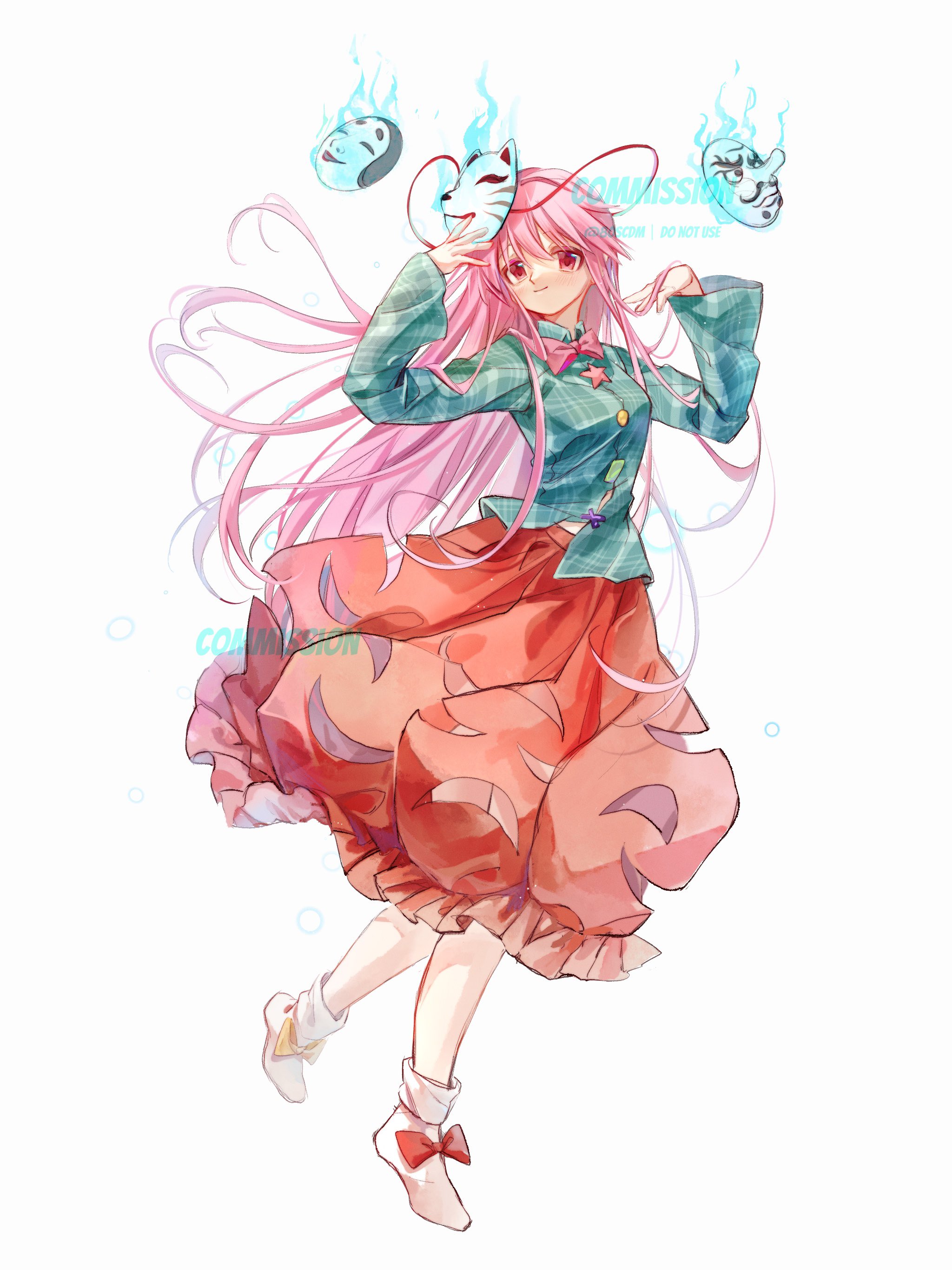 80isiiii, hata no kokoro, touhou, absurdres, commission, highres, 1girl, aqua shirt, boots, bow, closed mouth, collared shirt, footwear bow, fox mask, full body, ko-omote mask, long hair, looking at viewer, mask, mask on head, orange skirt, pink bow, pink eyes, pink hair, plaid clothes, plaid skirt, red bow, shirt, skirt, solo, standing, tengu mask, very long hair, watermark, white boots