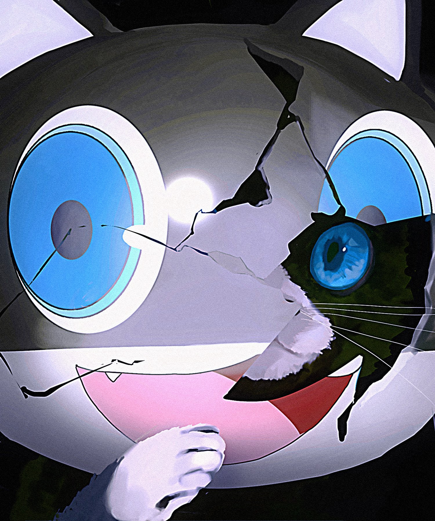 sg (sallgam), morgana (cat) (persona 5), morgana (persona 5), persona, persona 5, commentary request, highres, korean commentary, animal, animal focus, blue eyes, cat, cracked kawaii mask, cracked mask, fang, mask, open mouth, portrait, smile, tongue