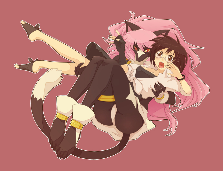 yow, kasumi ishiki, zeus race, ibara no ou, bad id, bad pixiv id, 00s, ass, barefoot, blush, brown hair, carrying, furry, furry female, glasses, long hair, pink hair, princess carry, short hair, tail