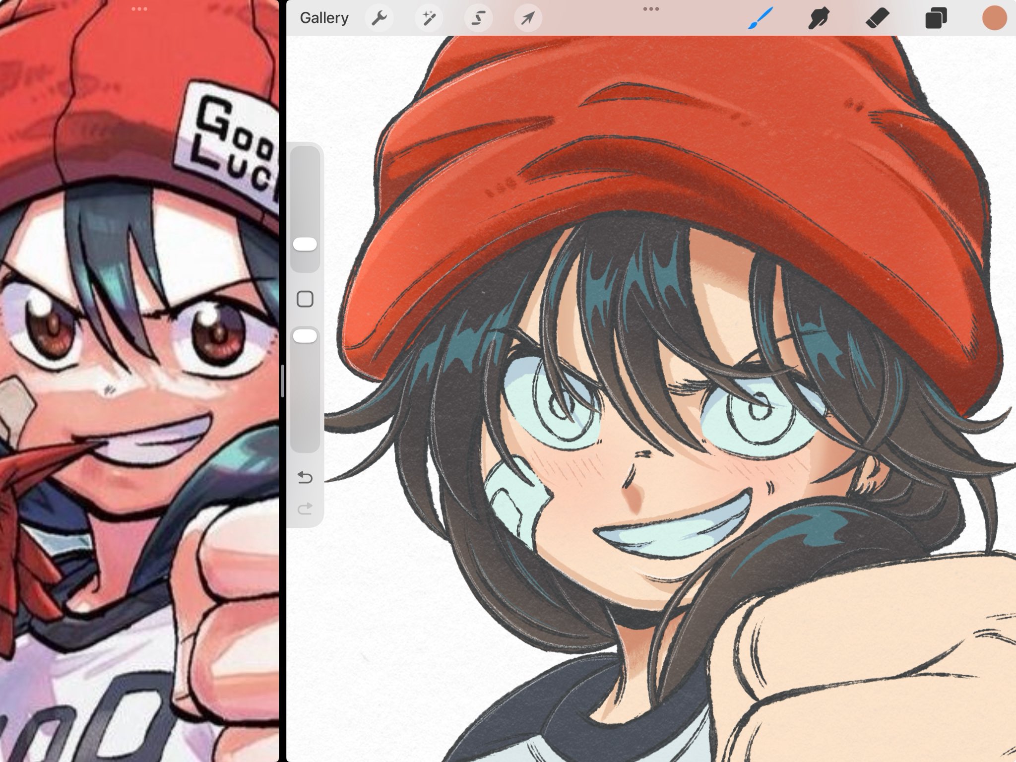 kurrrto, izumo fuuko, undead unluck, highres, photo-referenced, bandaid, bandaid on cheek, bandaid on face, beanie, biting, biting glove, black hair, clenched hand, enpera, fighting stance, gloves, hat, long hair, multicolored shirt, portrait, red eyes, red gloves, scarf, smile, two-tone shirt