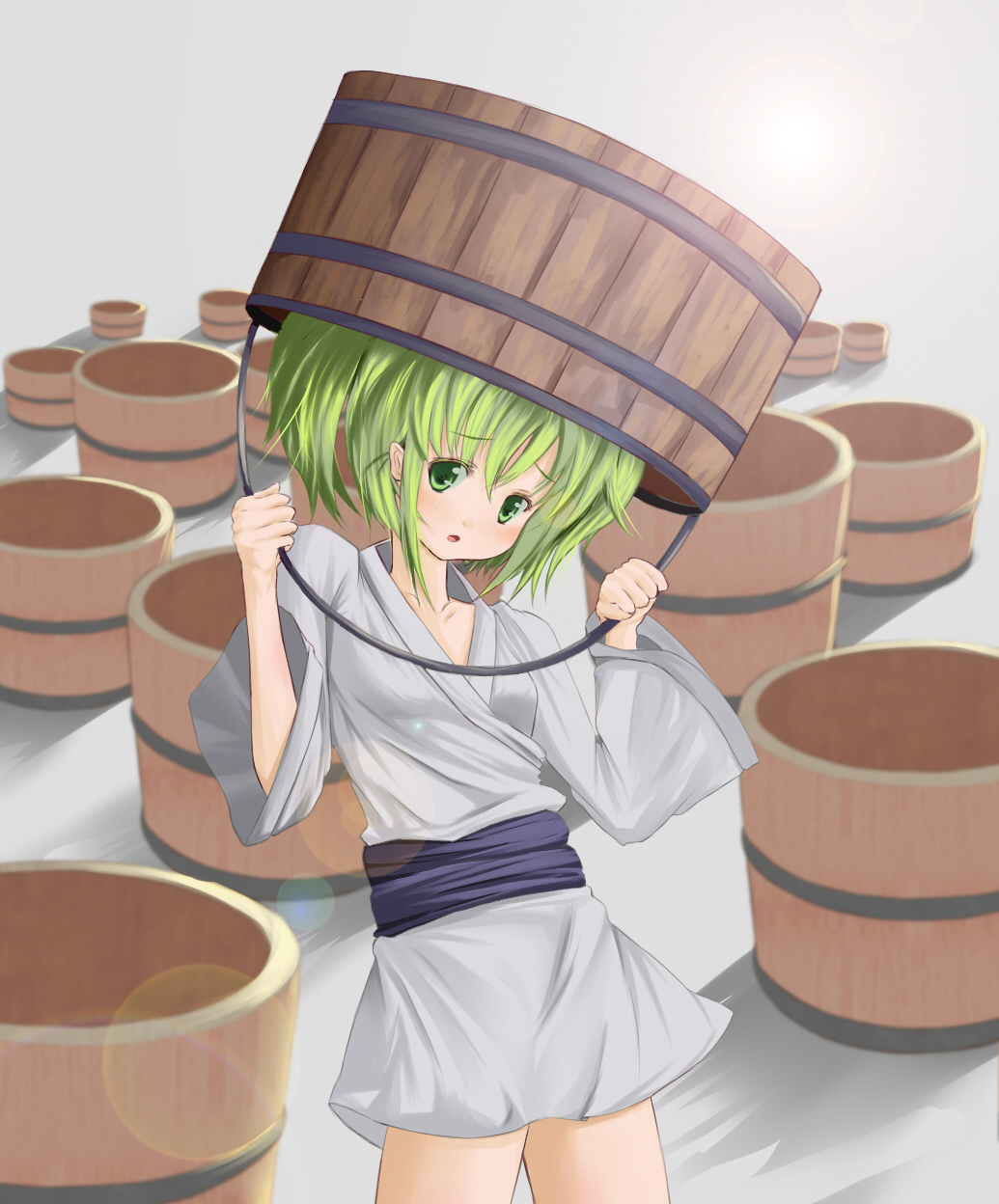 xulhey, kisume, touhou, bad id, bad pixiv id, highres, 1girl, blush, bucket, female focus, green eyes, green hair, japanese clothes, matching hair/eyes, object on head, solo, twintails