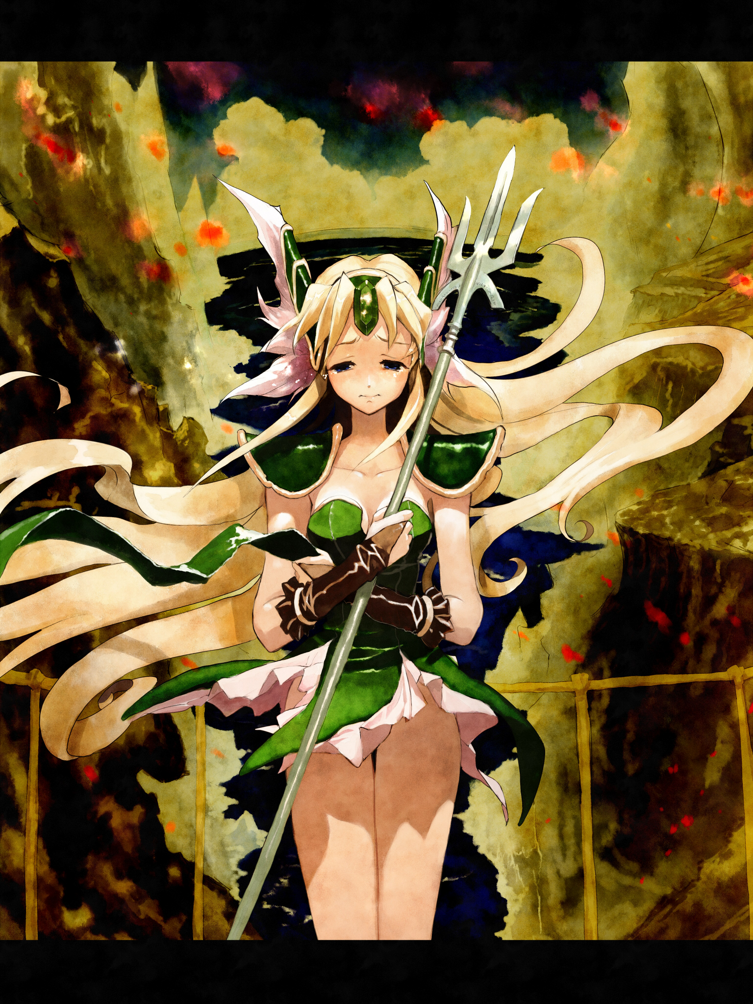 bob (biyonbiyon), riesz, seiken densetsu, seiken densetsu 3, highres, 1girl, blonde hair, blue eyes, female focus, letterboxed, long hair, polearm, ponytail, sad, solo, standing, tears, trident, weapon