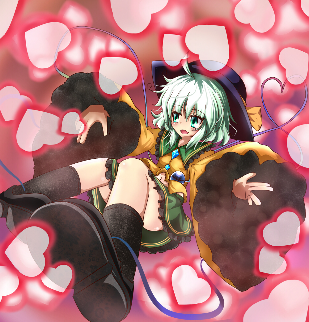 haru ion, komeiji koishi, touhou, 1girl, danmaku, female focus, foreshortening, green eyes, green hair, hat, heart, matching hair/eyes, short hair, solo