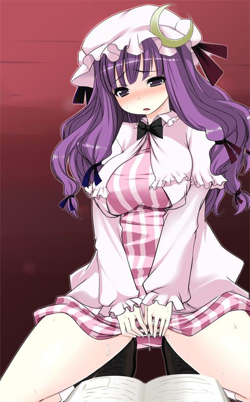 kaneru, patchouli knowledge, touhou, 1girl, book, clothed masturbation, crescent, female focus, female masturbation, fingering, fingering through clothes, hat, long hair, masturbation, masturbation through clothes, panties, purple eyes, purple hair, pussy juice, solo, striped clothes, striped panties, through clothes, underwear, wet, wet clothes, wet panties