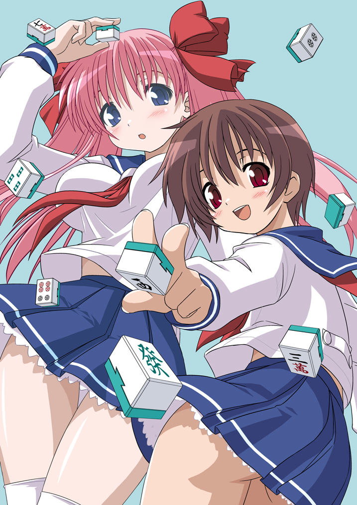 shinjou satomi, haramura nodoka, miyanaga saki, saki (manga), crotch, 00s, 2girls, ass, blue eyes, blush, board game, breasts, brown hair, clothes lift, mahjong, microskirt, miniskirt, multiple girls, neckerchief, pink hair, red eyes, red neckerchief, ribbon, school uniform, serafuku, short hair, skirt, skirt lift, thighhighs, thighs, twintails