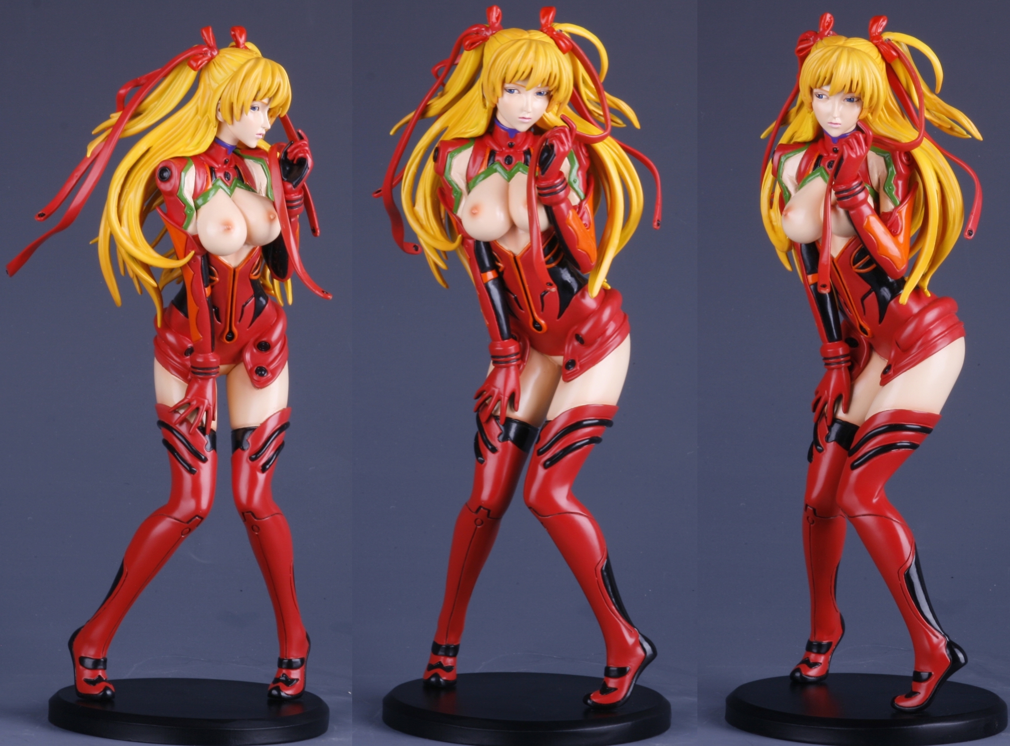 souryuu asuka langley, neon genesis evangelion, highres, photo (medium), bottomless, breasts, figure, hair ribbon, nipples, red hair, ribbon, short twintails, topless female, twintails