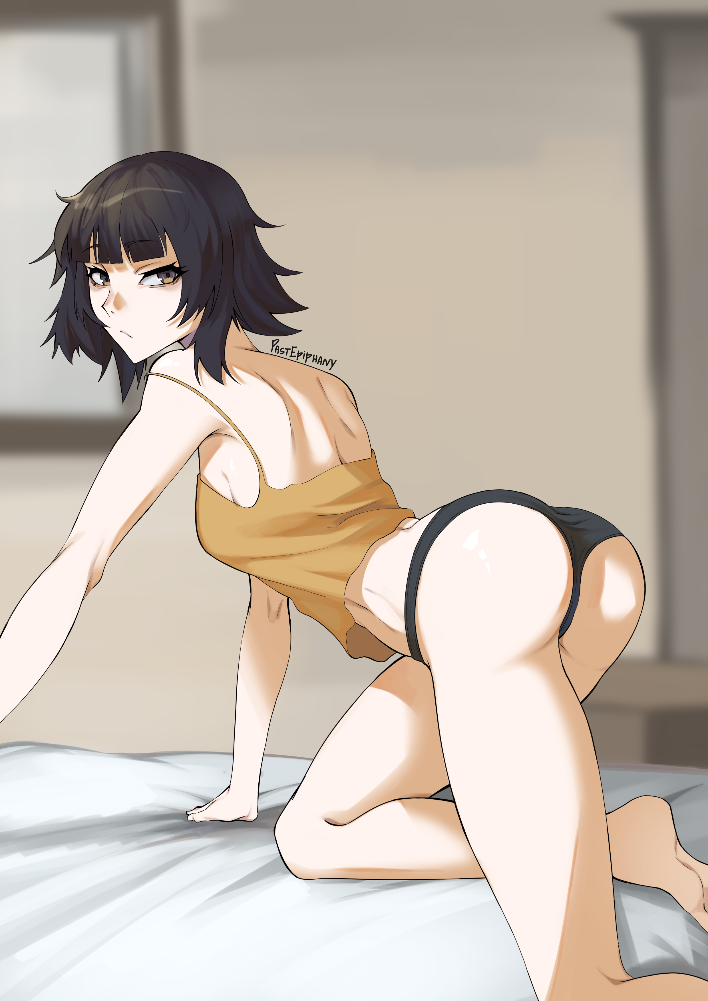 pastepiphany, sui-feng, bleach, 1girl, all fours, artist name, ass, bare shoulders, barefoot, bed, bedroom, black hair, black panties, breasts, closed mouth, female focus, indoors, looking at viewer, looking back, medium hair, panties, small breasts, underwear