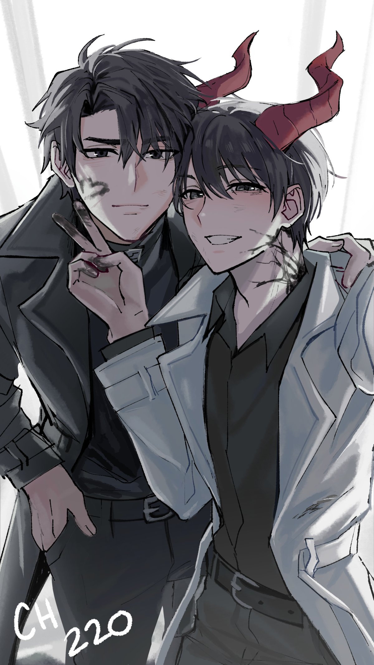 keomikan, kim dokja, yoo joonghyuk, omniscient reader's viewpoint, commentary request, highres, korean commentary, 2boys, belt, black coat, black eyes, black hair, black shirt, coat, collared shirt, colored veins, cowboy shot, demon horns, grin, hand in pocket, hand on another's shoulder, heart on cheek, horns, leaning forward, looking at viewer, male focus, multiple boys, open clothes, open coat, popped collar, pov, selfie, shirt, short hair, smile, taking picture, v, white coat