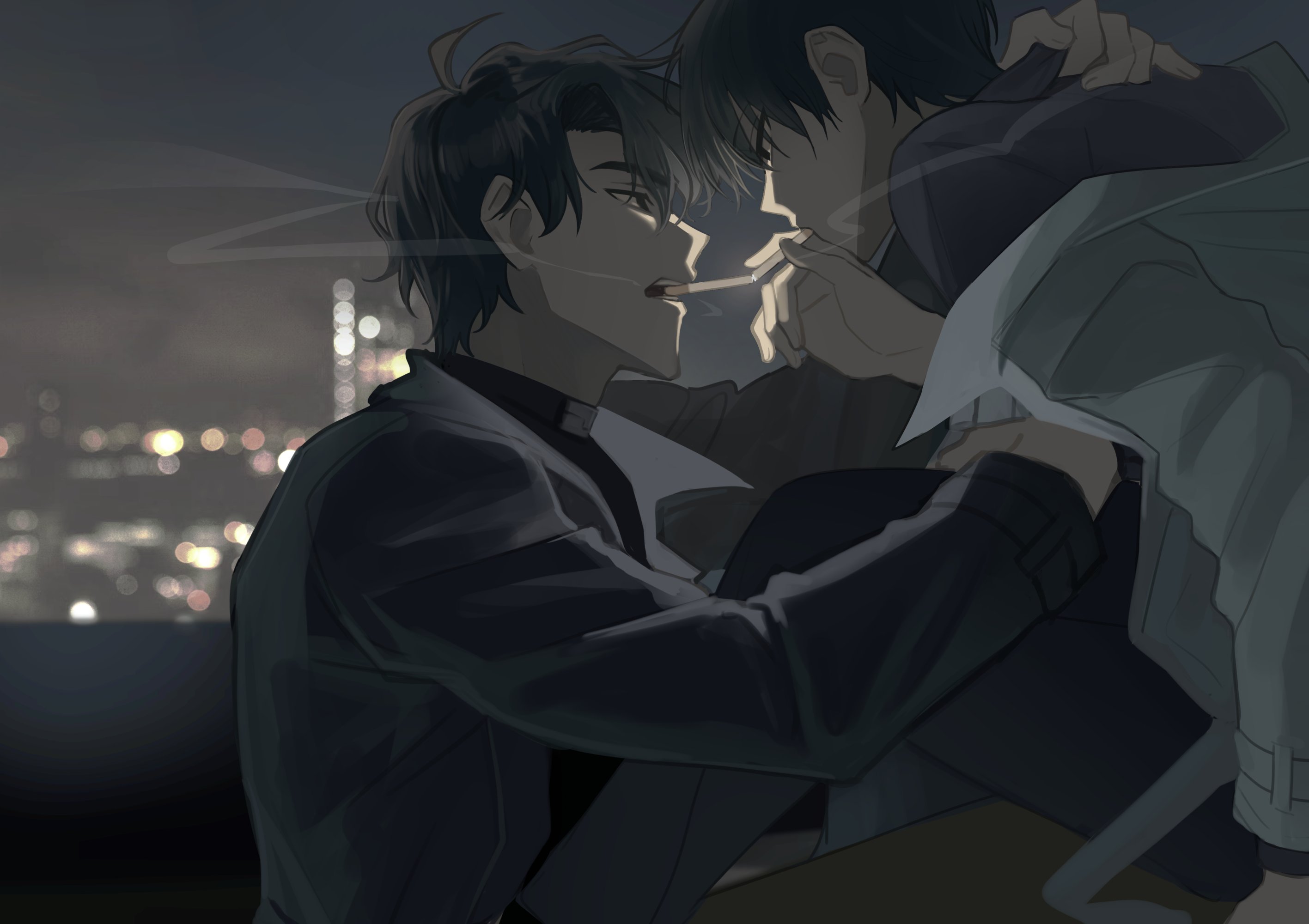 keomikan, kim dokja, yoo joonghyuk, omniscient reader's viewpoint, highres, 2boys, black coat, black hair, black shirt, blurry, bokeh, cigarette kiss, city lights, coat, coat partially removed, depth of field, hand on another's leg, hand on another's shoulder, head tilt, knees up, male focus, multiple boys, night, open clothes, open coat, popped collar, shirt, short hair, smoke, smoke trail, white coat