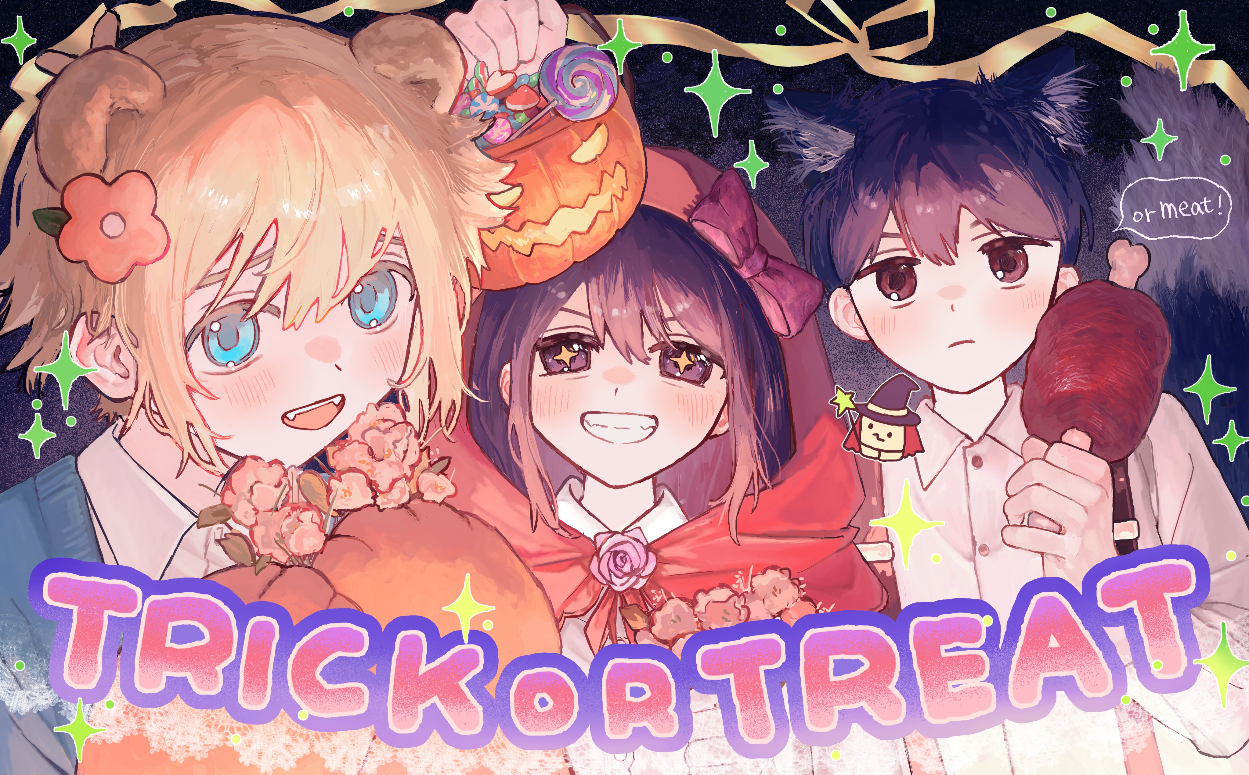 kanaraki, aubrey (faraway) (omori), aubrey (omori), basil (faraway) (omori), basil (omori), jash (omori), sunny (omori), omori, absurdres, commentary request, highres, + +, 1girl, 2boys, alternate costume, animal ears, antenna hair, arm up, basket, black eyes, black hair, blonde hair, blush, collared shirt, english text, fangs, green sweater vest, grin, halloween costume, holding, holding basket, long sleeves, looking at viewer, multiple boys, open mouth, shirt, short hair, sidelocks, smile, speech bubble, sweater vest, teeth, trick or treat, upper teeth only, white shirt, wolf ears