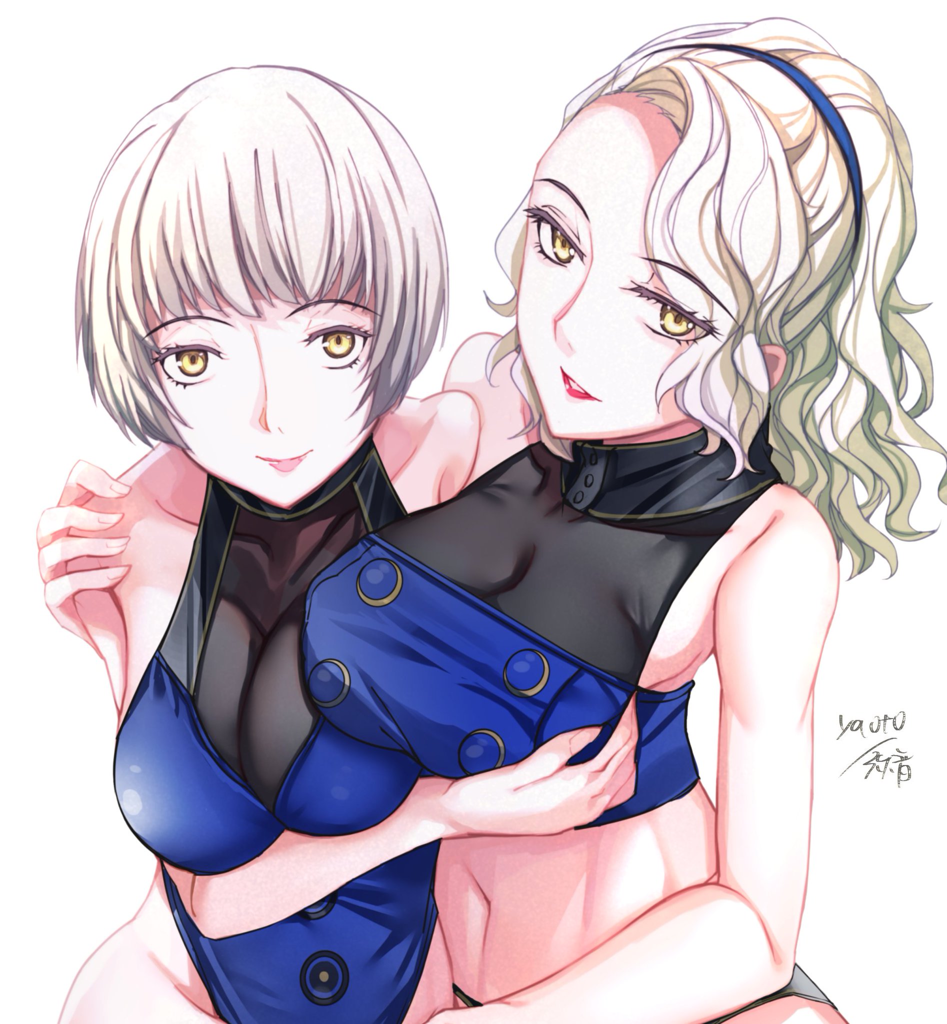yaoto, elizabeth (persona), margaret (persona), persona, persona 3, persona 4, highres, siblings, sisters, swimsuit, white hair, yellow eyes