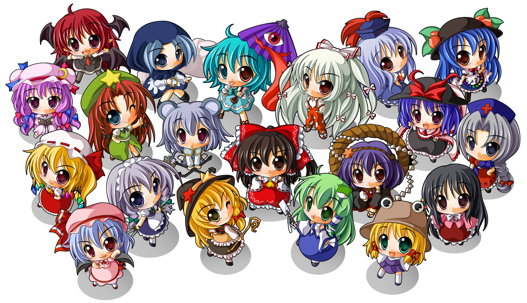 shinjitsu, flandre scarlet, fujiwara no mokou, hakurei reimu, hinanawi tenshi, hong meiling, houraisan kaguya, izayoi sakuya, kamishirasawa keine, kirisame marisa, koakuma, kochiya sanae, kumoi ichirin, moriya suwako, nagae iku, nazrin, patchouli knowledge, remilia scarlet, tatara kogasa, yagokoro eirin, yasaka kanako, touhou, bad id, bad pixiv id, highres, 6+girls, :p, blonde hair, chibi, female focus, heterochromia, hood, multiple girls, simple background, tongue, tongue out