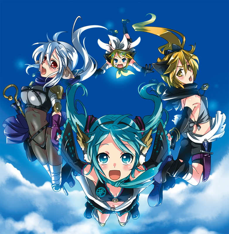 caffein, akita neru, hatsune miku, kagamine rin, yowane haku, vocaloid, silver hair, 4girls, animal ears, aqua eyes, aqua hair, armor, bikini armor, blonde hair, blue eyes, day, detached sleeves, falling, head wings, knife, multiple girls, red eyes, sky, tears, twintails, wand, wings
