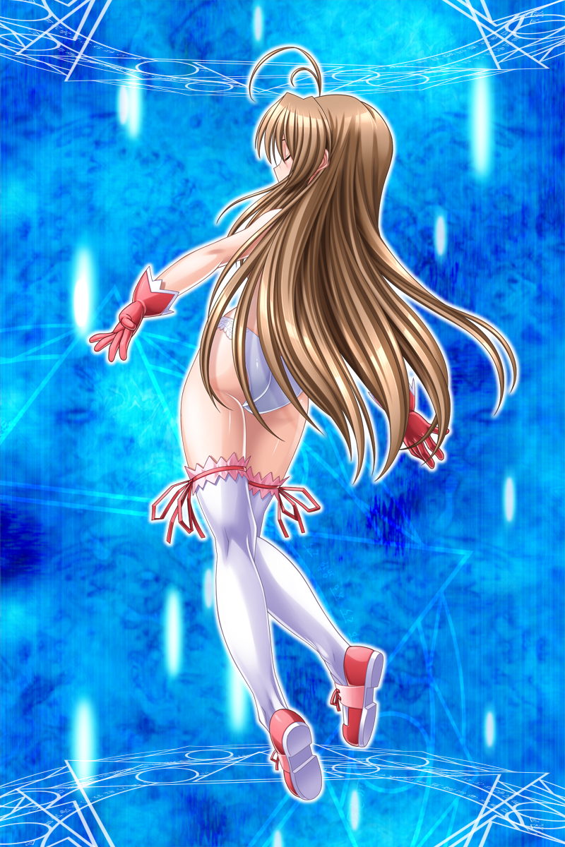 higuchi isami, kusunoki sae, mahou shoujo sae, game cg, highres, non-web source, official art, variant set, 1girl, ahoge, ass, brown hair, closed eyes, from behind, gloves, henshin, legs, long hair, magic circle, panties, solo, thighhighs, underwear, underwear only, white panties, white thighhighs