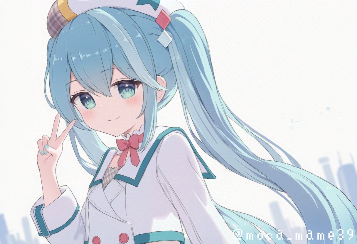 hatsune miku, magical mirai miku, magical mirai miku (2024), magical mirai (vocaloid), vocaloid, commentary request, 1girl, aqua eyes, aqua nails, aqua trim, blue hair, bow, buttons, closed mouth, cropped shirt, double-breasted, double-parted bangs, hair between eyes, hair ornament, hand up, hat, light blush, long hair, long sleeves, looking at viewer, moca mame39, nail polish, red bow, sailor collar, smile, solo, twintails, twitter username, upper body, v, white hat, white sailor collar