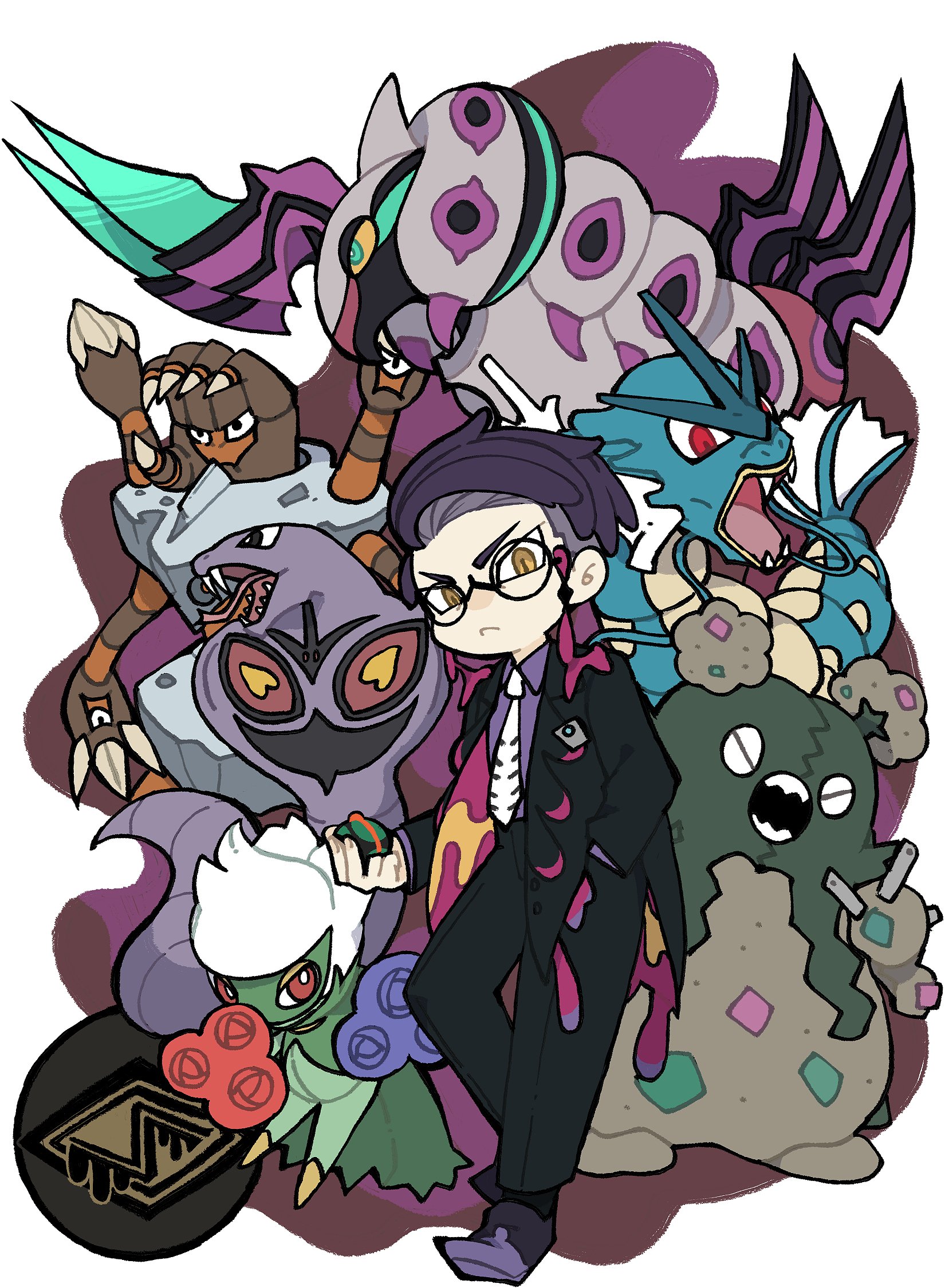kokodari, arbok, barbaracle, corbeau (pokemon), garbodor, gyarados, mega scolipede, roserade, scolipede, nintendo, pokemon, pokemon legends: z-a, commentary request, highres, 1boy, :<, black-framed eyewear, black coat, black pants, closed eyes, closed mouth, coat, collared shirt, colored sclera, dress shirt, fangs, flower, forked tongue, gen 1 pokemon, gen 4 pokemon, gen 5 pokemon, gen 6 pokemon, glasses, hand in pocket, looking at viewer, male focus, mega pokemon, orange eyes, pants, parted hair, pokemon (creature), purple coat, purple hair, purple shirt, red eyes, red flower, round eyewear, shirt, shirt tucked in, short hair, slit pupils, tongue, tongue out, two-sided coat, two-sided fabric, white background, white flower, white hair, wing collar, yellow sclera