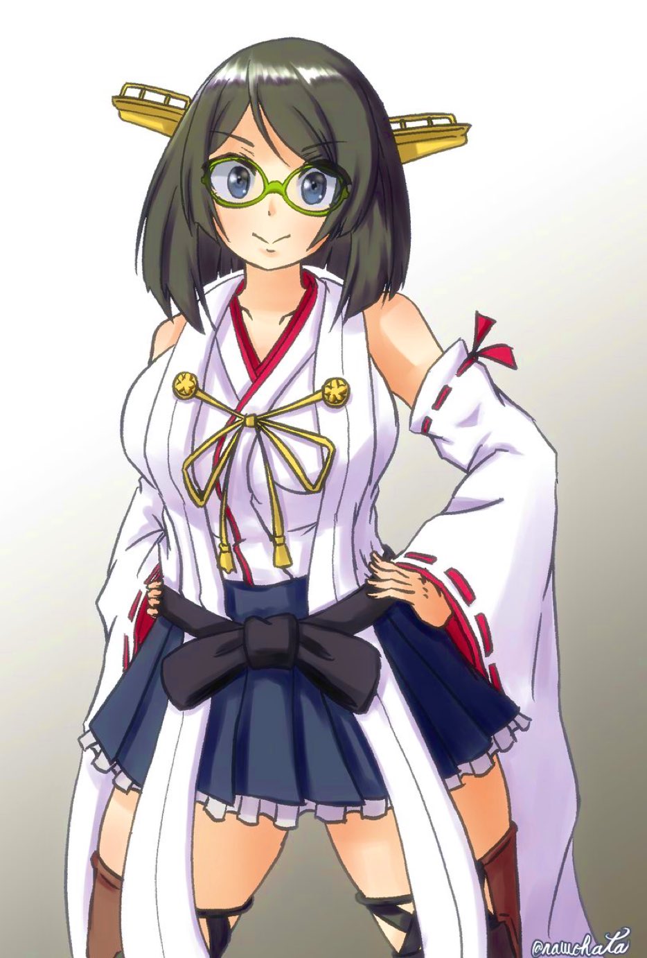 nawohata, kirishima (kancolle), kantai collection, commentary request, highres, 1girl, bare shoulders, black hair, blush, breasts, collarbone, detached sleeves, glasses, gradient background, green-framed eyewear, grey background, hairband, hands on own hips, headgear, japanese clothes, large breasts, looking at viewer, nontraditional miko, ribbon-trimmed sleeves, ribbon trim, short hair, skirt, smile, solo, thighhighs