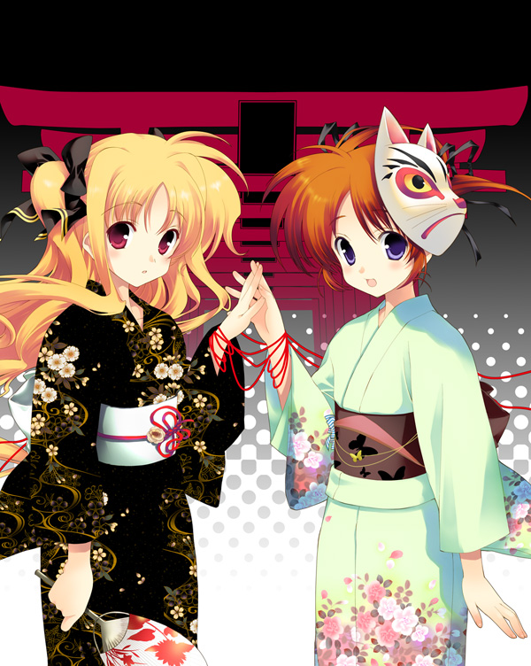 kugajou takaya, naruse hirofumi, fate testarossa, takamachi nanoha, lyrical nanoha, mahou shoujo lyrical nanoha, 00s, 2girls, blonde hair, blue eyes, brown hair, fox mask, hair ribbon, holding hands, japanese clothes, kimono, mask, moe (phrase), multiple girls, multiple torii, purple eyes, red eyes, ribbon, string, string of fate, torii, twintails, yukata