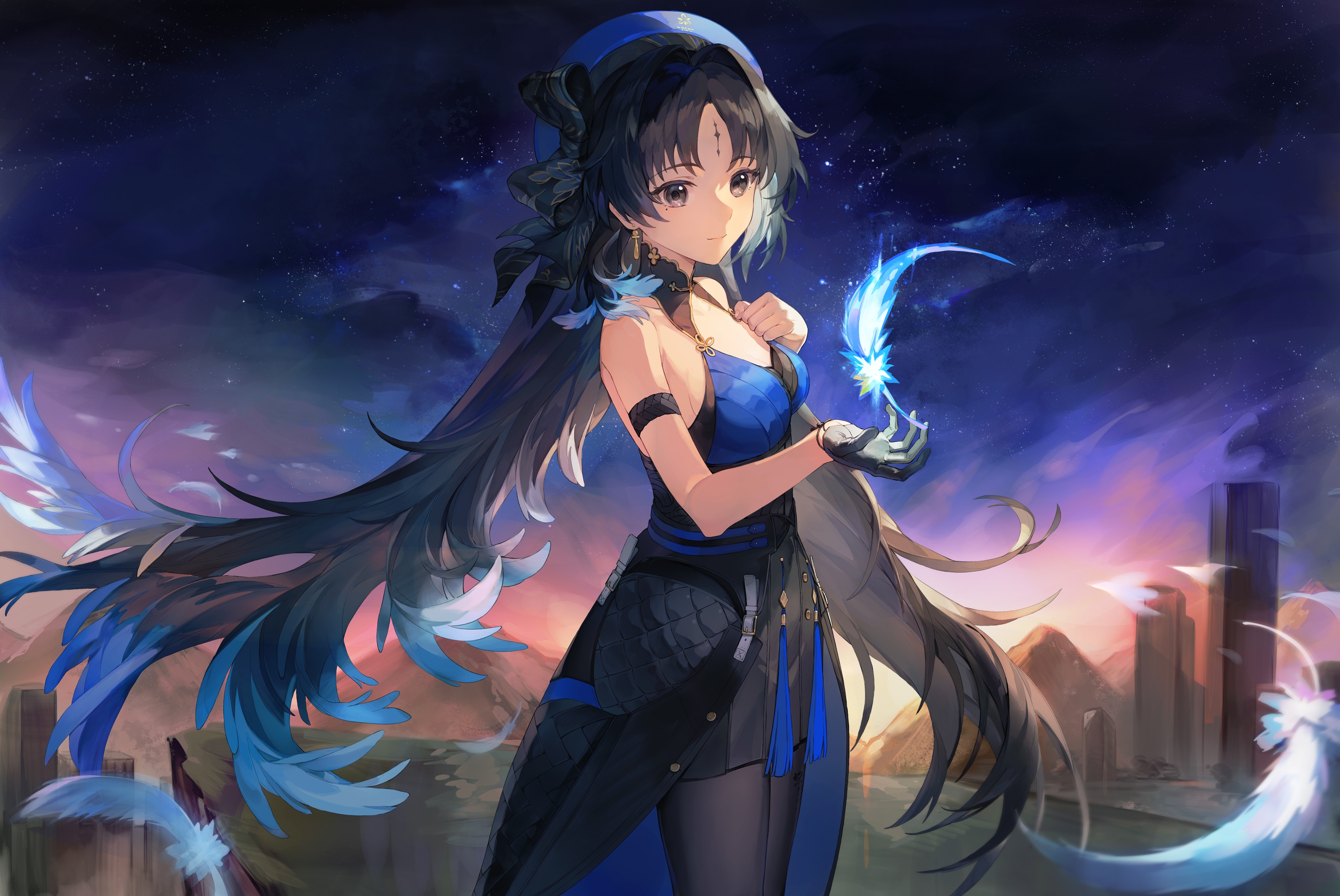 rhachen, yangyang (wuthering waves), wuthering waves, absurdres, chinese commentary, commentary request, highres, 1girl, arm strap, bare shoulders, beret, black bow, black collar, black eyes, black gloves, black hair, black hat, black pantyhose, black skirt, blue feathers, blue hat, blue shirt, bow, breasts, closed mouth, collar, earrings, evening, feather hair, feathers, gloves, hand up, hat, hat bow, high-low skirt, jewelry, long hair, medium breasts, outdoors, pantyhose, parted bangs, purple sky, shirt, single glove, skirt, sky, smile, solo, tacet mark (wuthering waves), very long hair