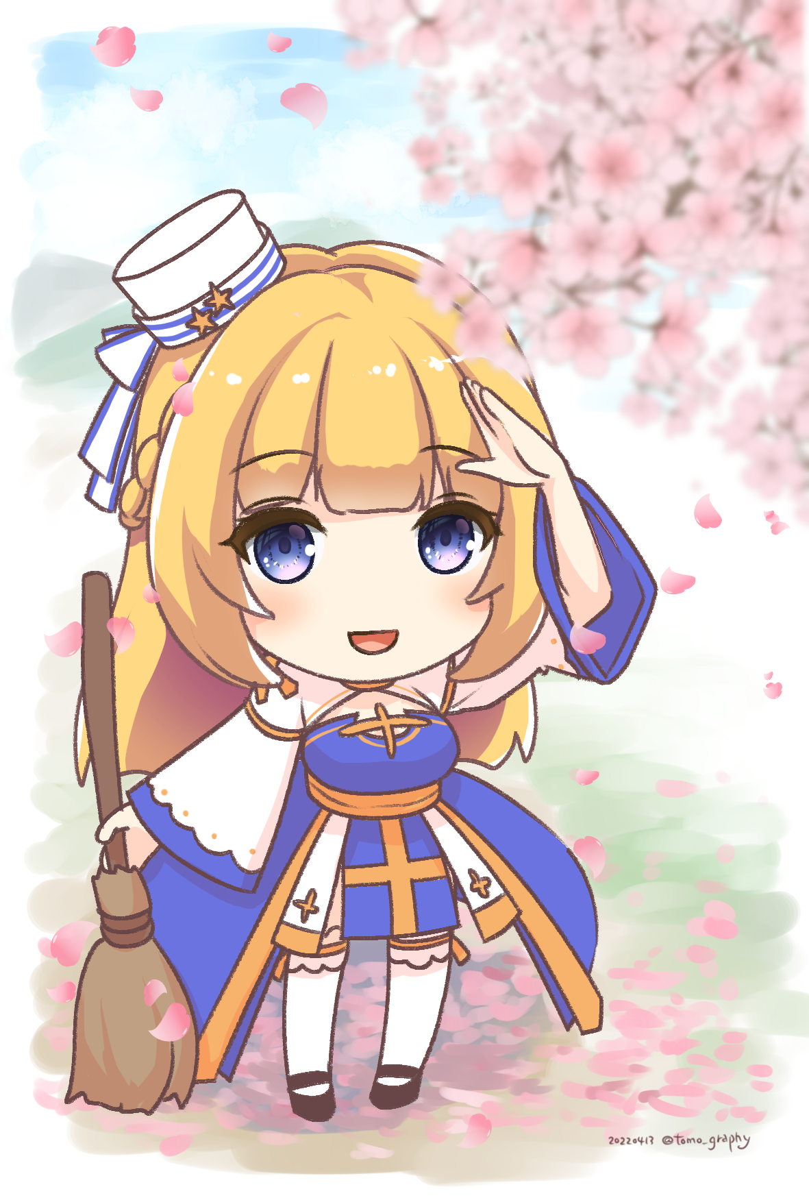 sakuraji tomoka, arch bishop (ragnarok online), ragnarok masters, ragnarok online, commentary request, highres, 1girl, black shoes, blonde hair, blue dress, blue eyes, blush, bow, breasts, broom, cherry blossoms, chibi, chibi only, cleavage cutout, clothing cutout, cross, dress, frilled thighhighs, frills, full body, hat, hat bow, hat ornament, holding, holding broom, large breasts, long hair, looking at viewer, open mouth, outdoors, pillbox hat, sash, shoes, smile, solo, standing, star (symbol), star hat ornament, thighhighs, two-tone dress, white dress, white hat, white thighhighs, yellow sash