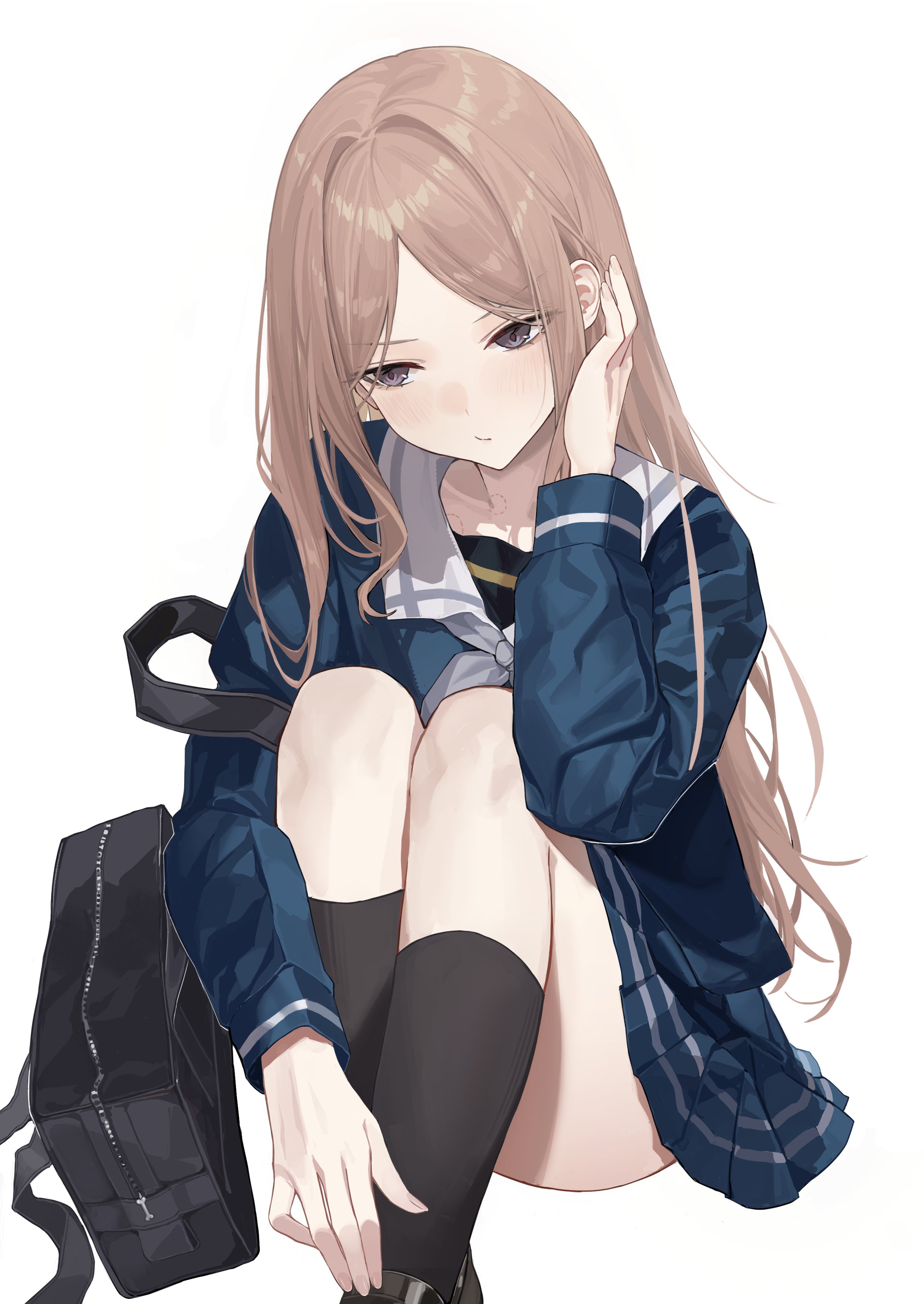 awwwwys, nagasaki soyo, bang dream!, bang dream! it's mygo!!!!!, absurdres, hashtag-only commentary, highres, 1girl, bag, black shoes, black socks, blue eyes, blue jacket, brown hair, jacket, long hair, sailor collar, school bag, school uniform, shoes, simple background, sitting, socks, solo, tsukinomori school uniform, white background, white sailor collar