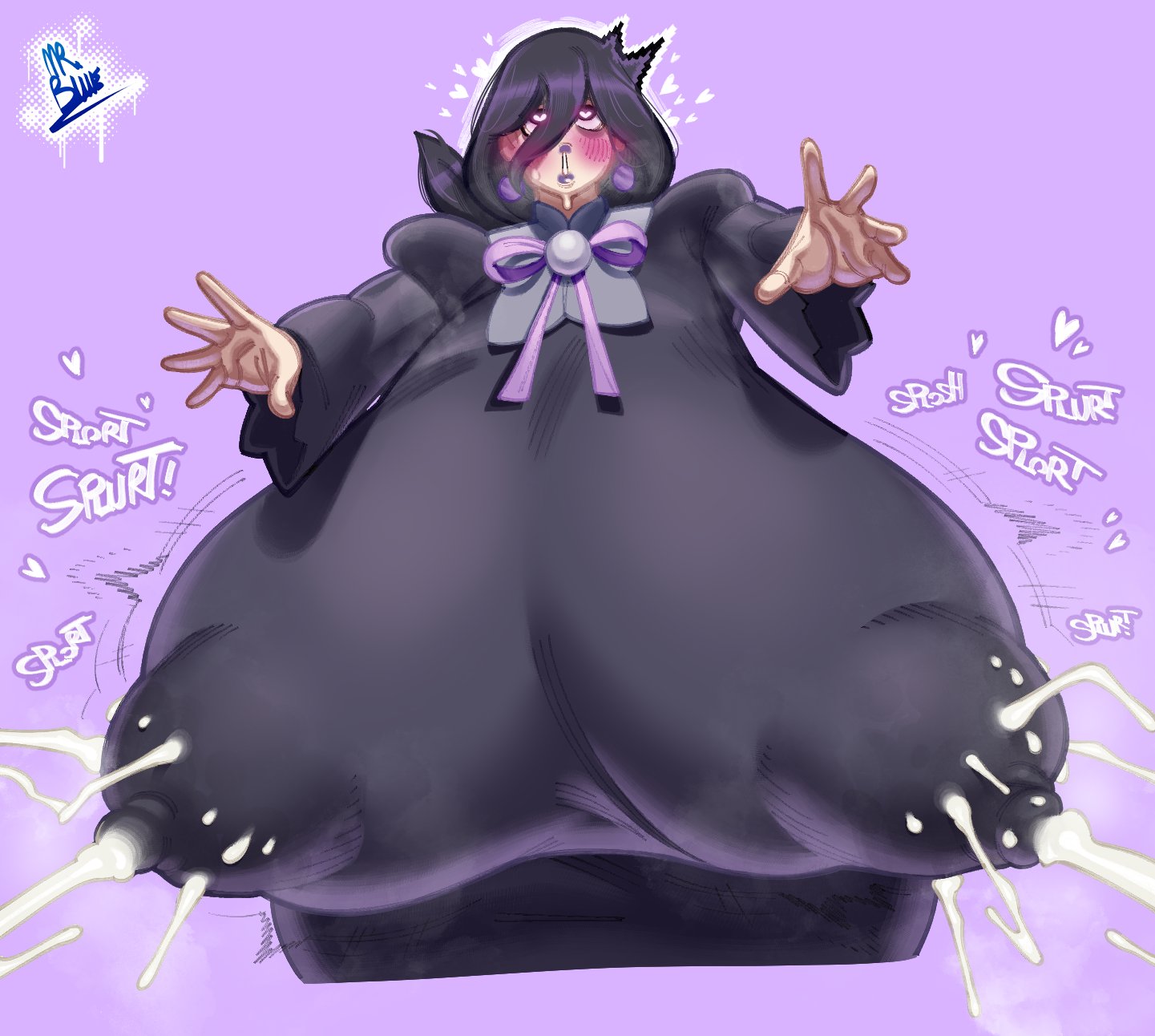 mr-blue, hex maniac (pokemon), hex maniac (pokemon legends: z-a), nintendo, pokemon, pokemon legends: z-a, highres, 1girl, blush, breasts, covered erect nipples, curvy, dress, earrings, female focus, gigantic breasts, heart, heart-shaped pupils, jewelry, lactation, lactation through clothes, long hair, looking up, solo, symbol-shaped pupils, wide hips