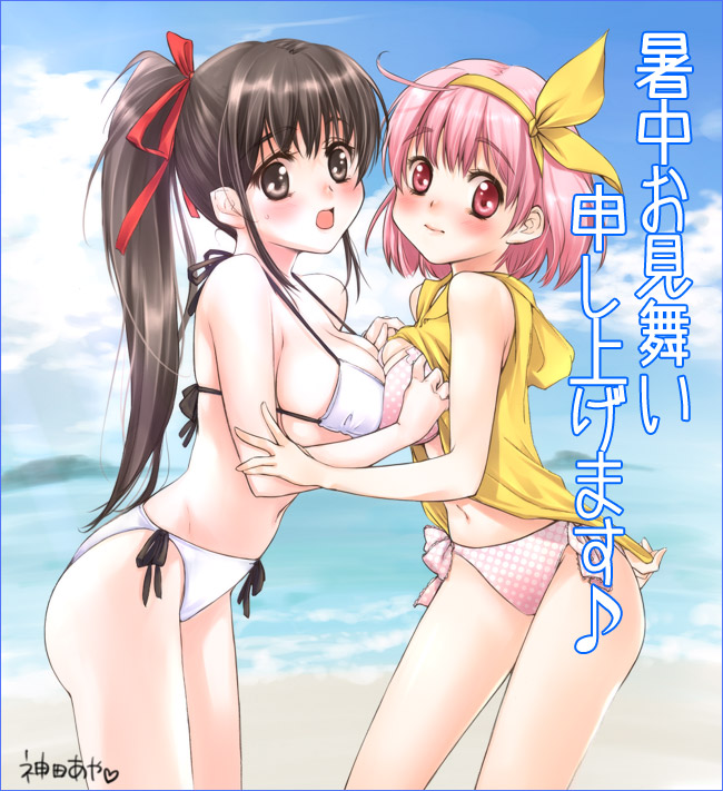 kanda aya, mashiba mariko, motoori chigusa, original, 2girls, asymmetrical docking, bikini, blush, breast press, breasts, brown eyes, clothes lift, day, hairband, large breasts, multiple girls, ponytail, red eyes, shirt lift, shochuumimai, side-tie bikini bottom, swimsuit, symmetrical docking