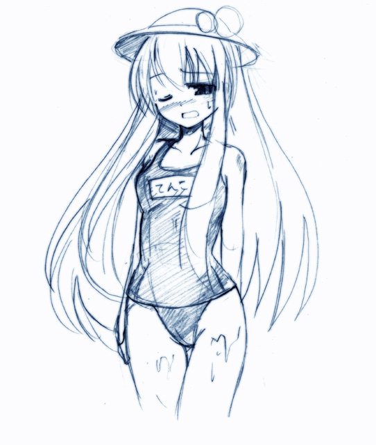 seo tatsuya, hinanawi tenshi, touhou, 1girl, blue theme, female focus, long hair, monochrome, one-piece swimsuit, school swimsuit, solo, swimsuit, wet