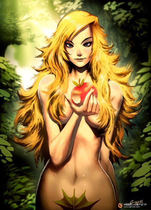 genzoman, apple, bare shoulders, blonde hair, food, fruit